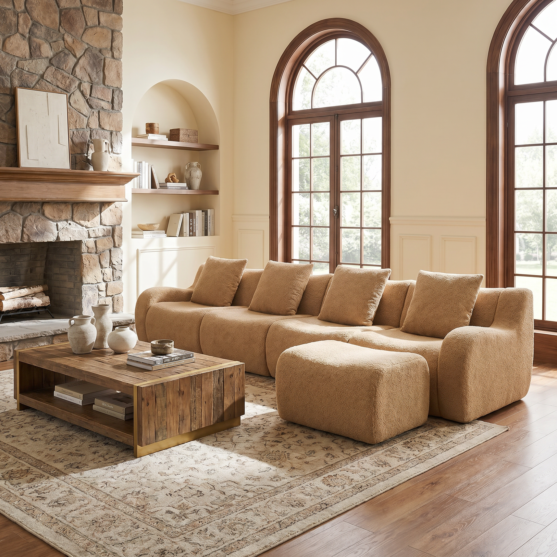 Chico light camel loveseat sofa showing front view with movable ottoman in a modern room