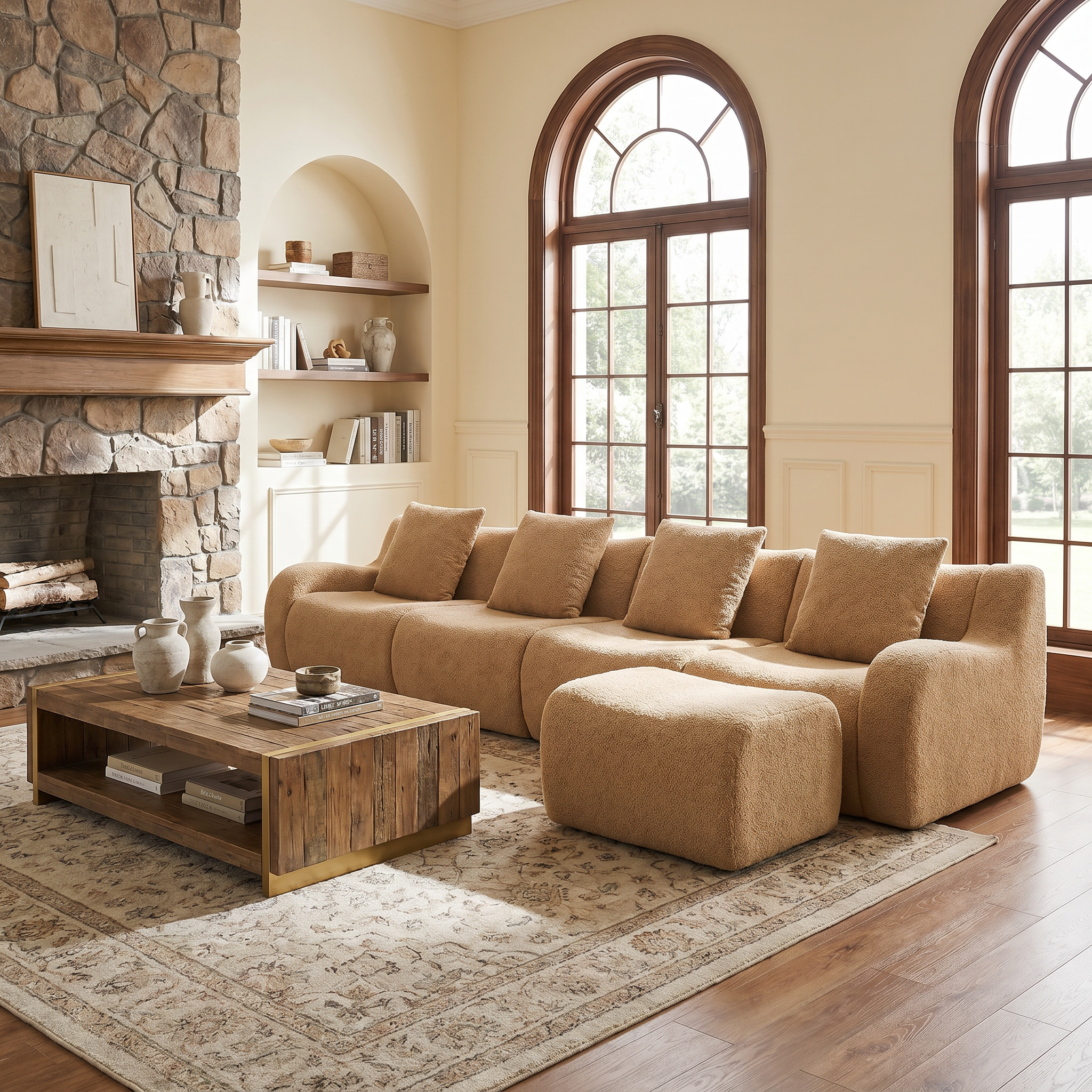 Chico light camel loveseat sofa showing front view with movable ottoman in a modern room