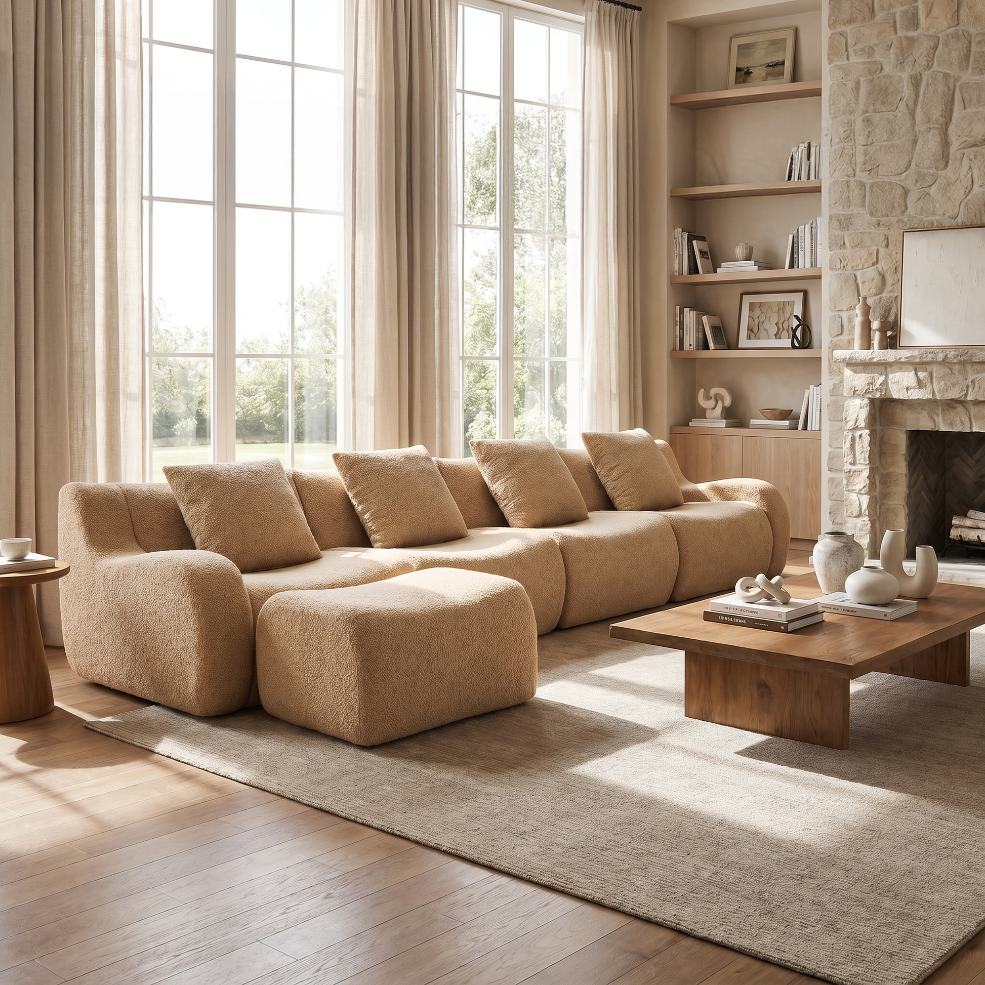 Chico light camel loveseat sofa showing l shaped layout in a cozy fireplace setting