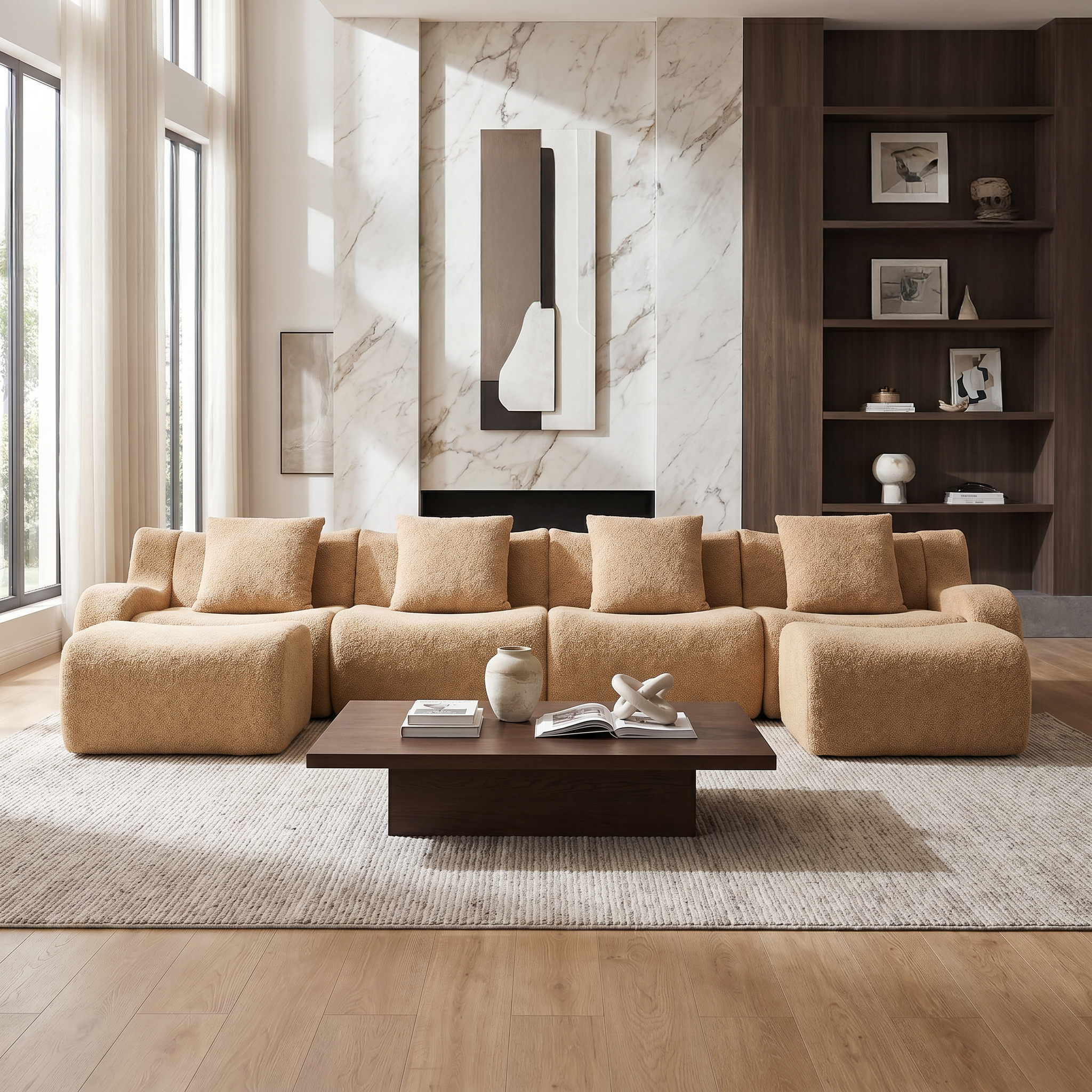 Chico light camel loveseat sofa showing front view in a bright living room