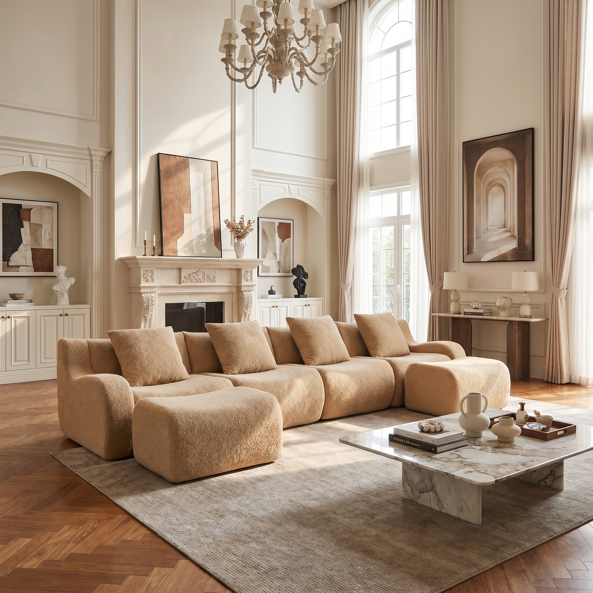 Chico light camel loveseat sofa showing angled view in an elegant living room