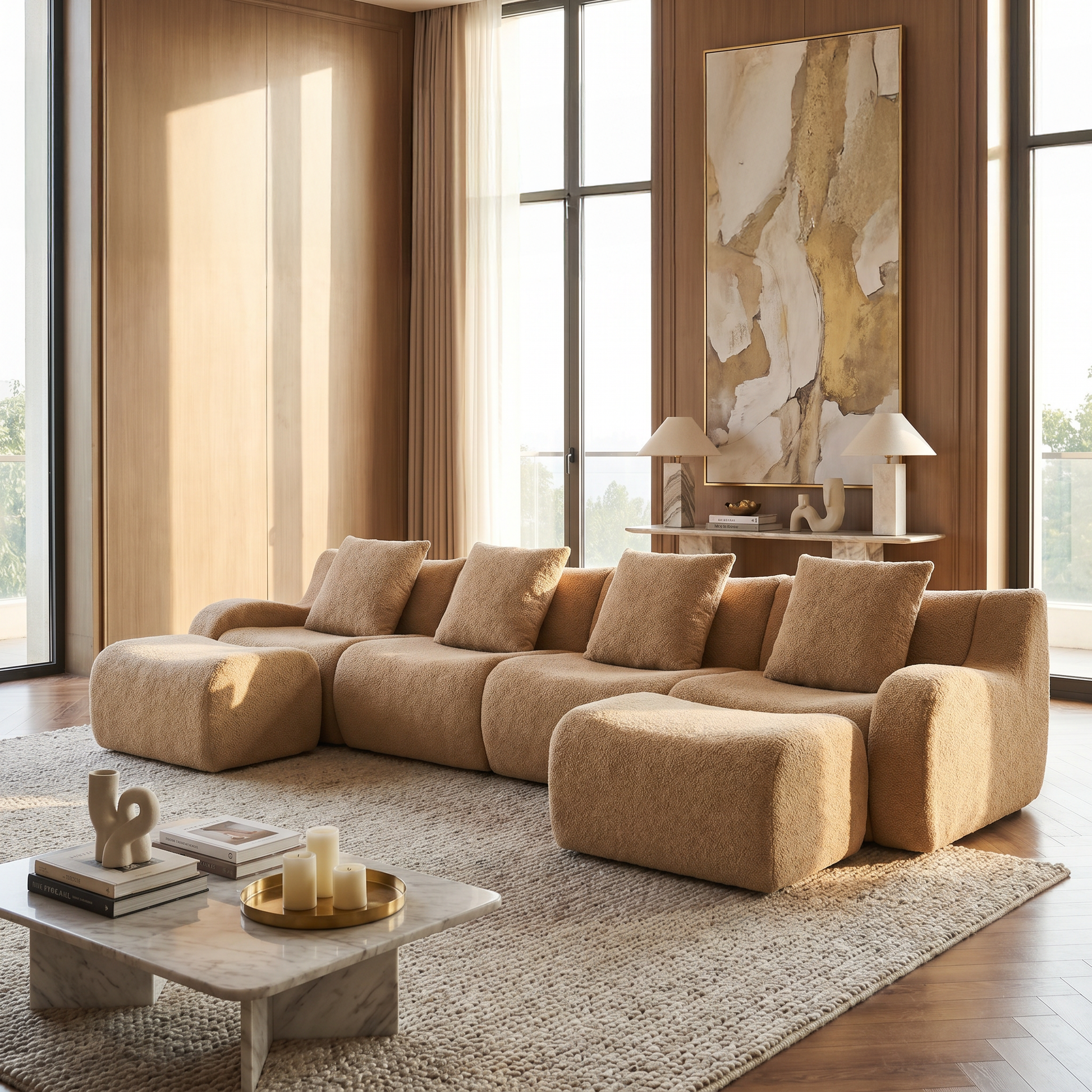 Chico light camel loveseat sofa showing front view with movable ottoman in a modern room