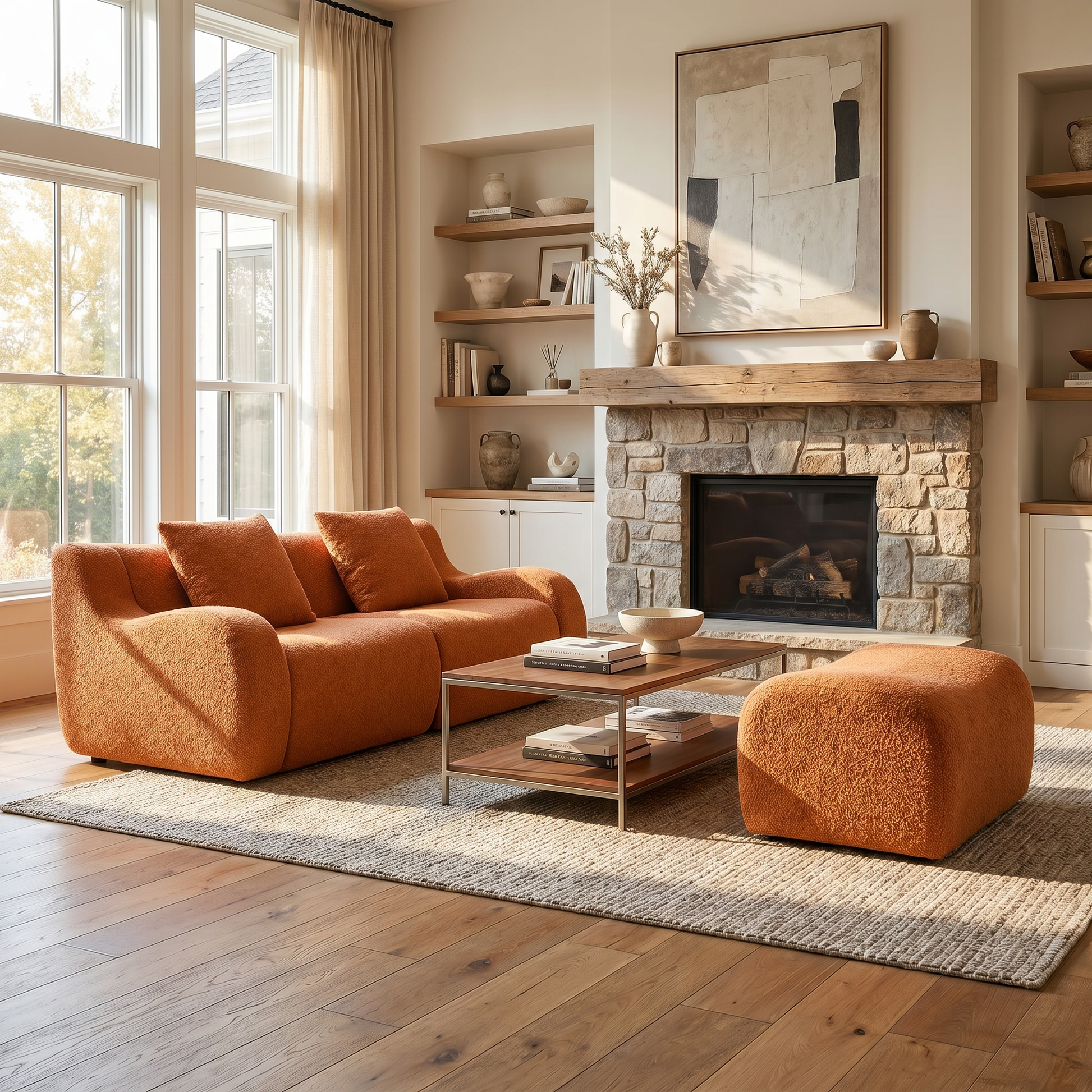 Chico orange loveseat sofa with ottoman in cozy living room with stone fireplace and wood flooring