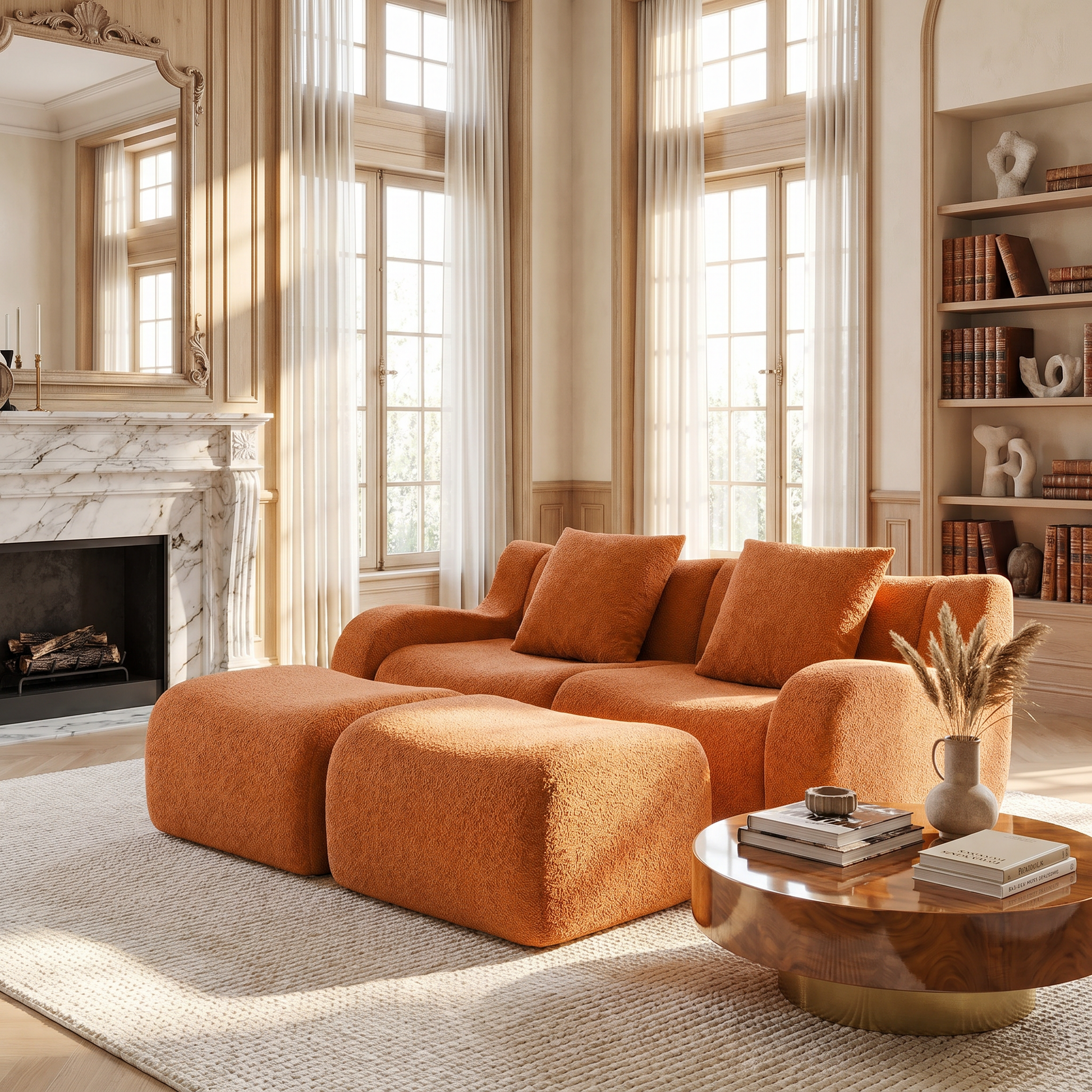 Chico orange loveseat sofa in elegant living room with fireplace and tall windows