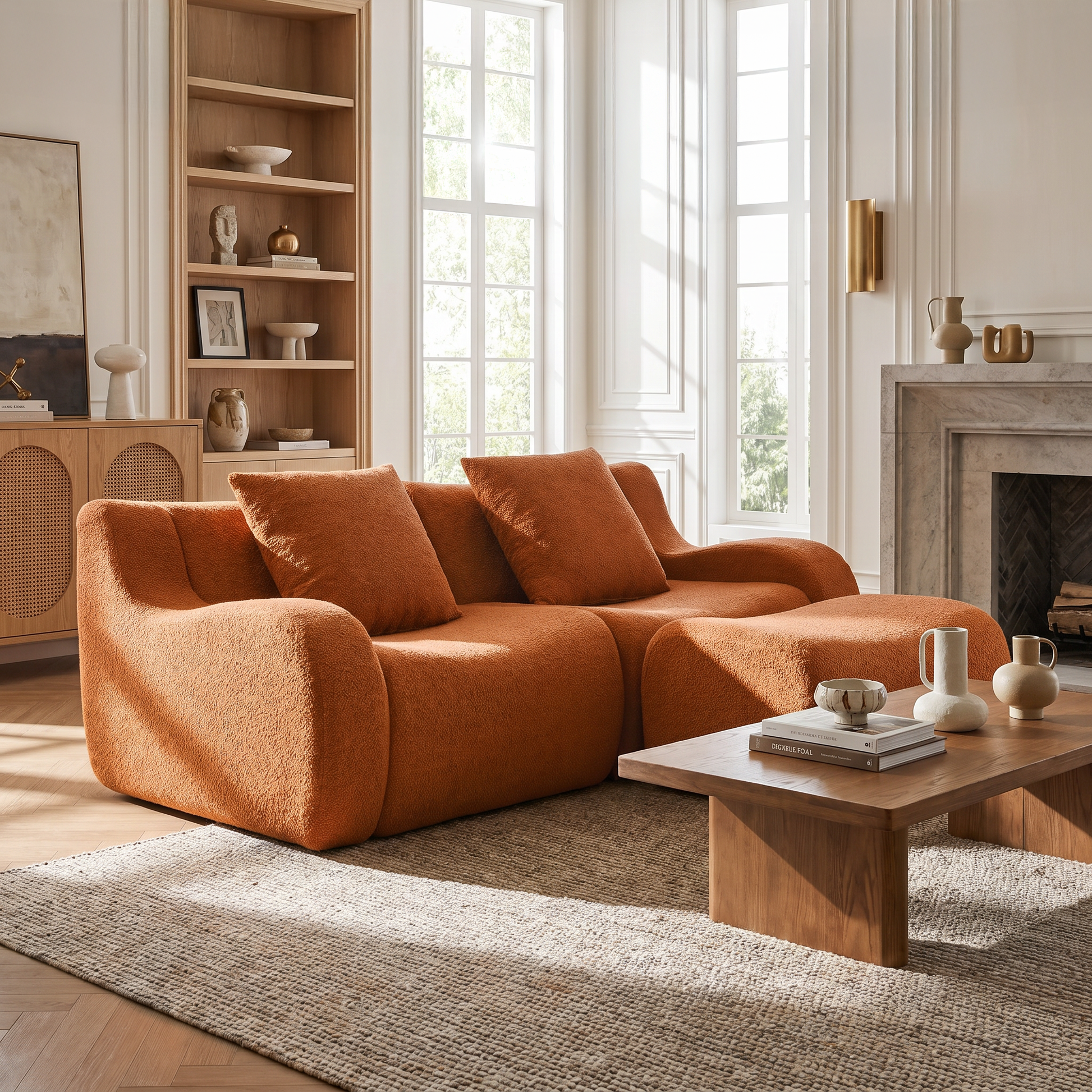 Chico orange loveseat sofa in bright living room with fireplace and built-in shelving