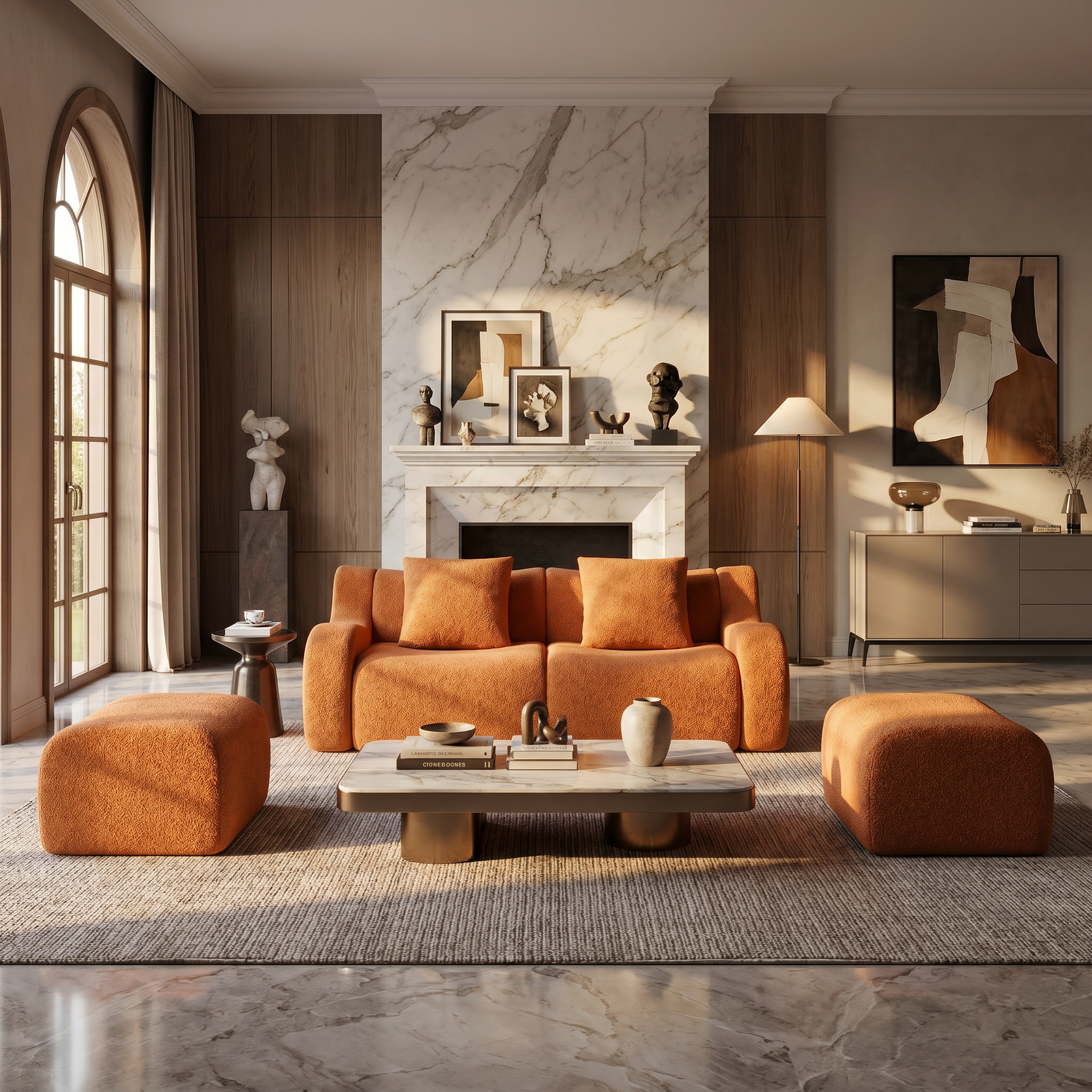 Chico orange loveseat sofa in modern living room with marble fireplace and wood wall panels