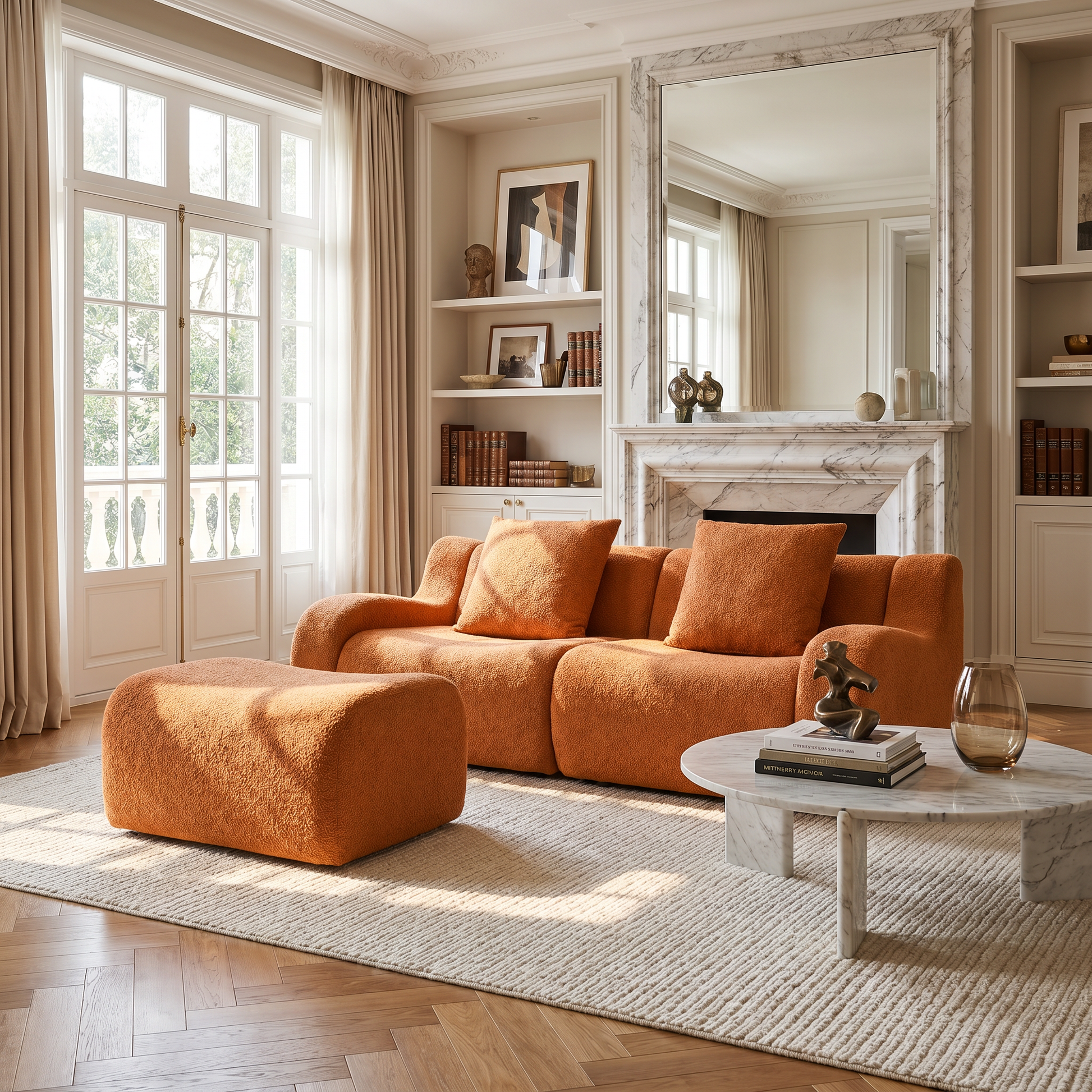 Chico orange loveseat sofa in elegant living room with fireplace and natural sunlight
