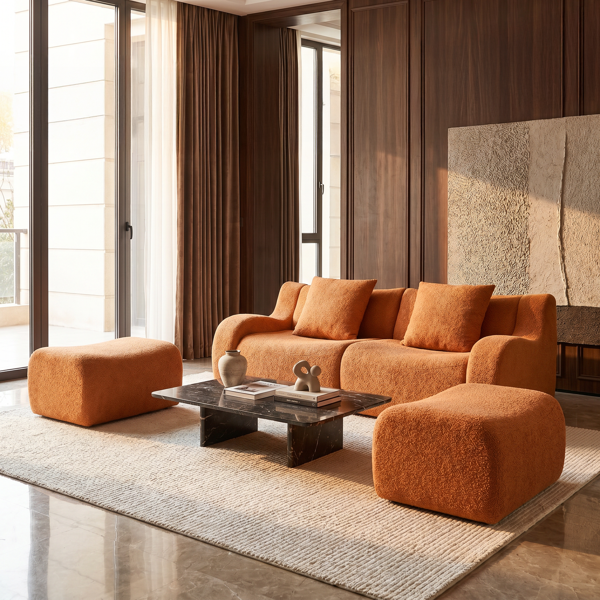 Chico orange loveseat sofa in contemporary living room with large windows and coffee table