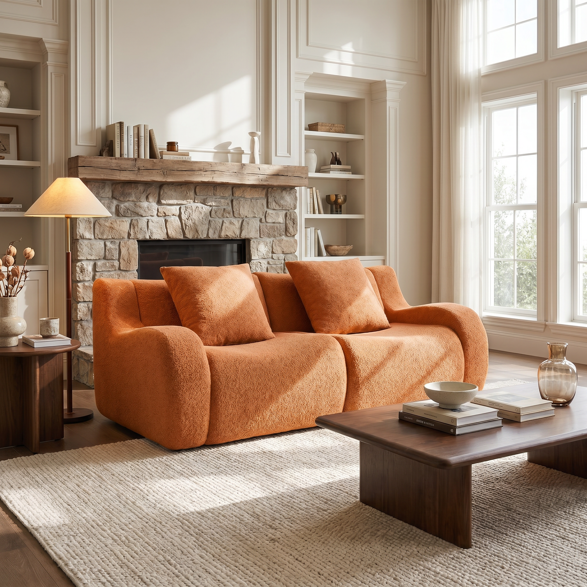 Chico orange loveseat sofa showing angled lounge setup in a modern living room
