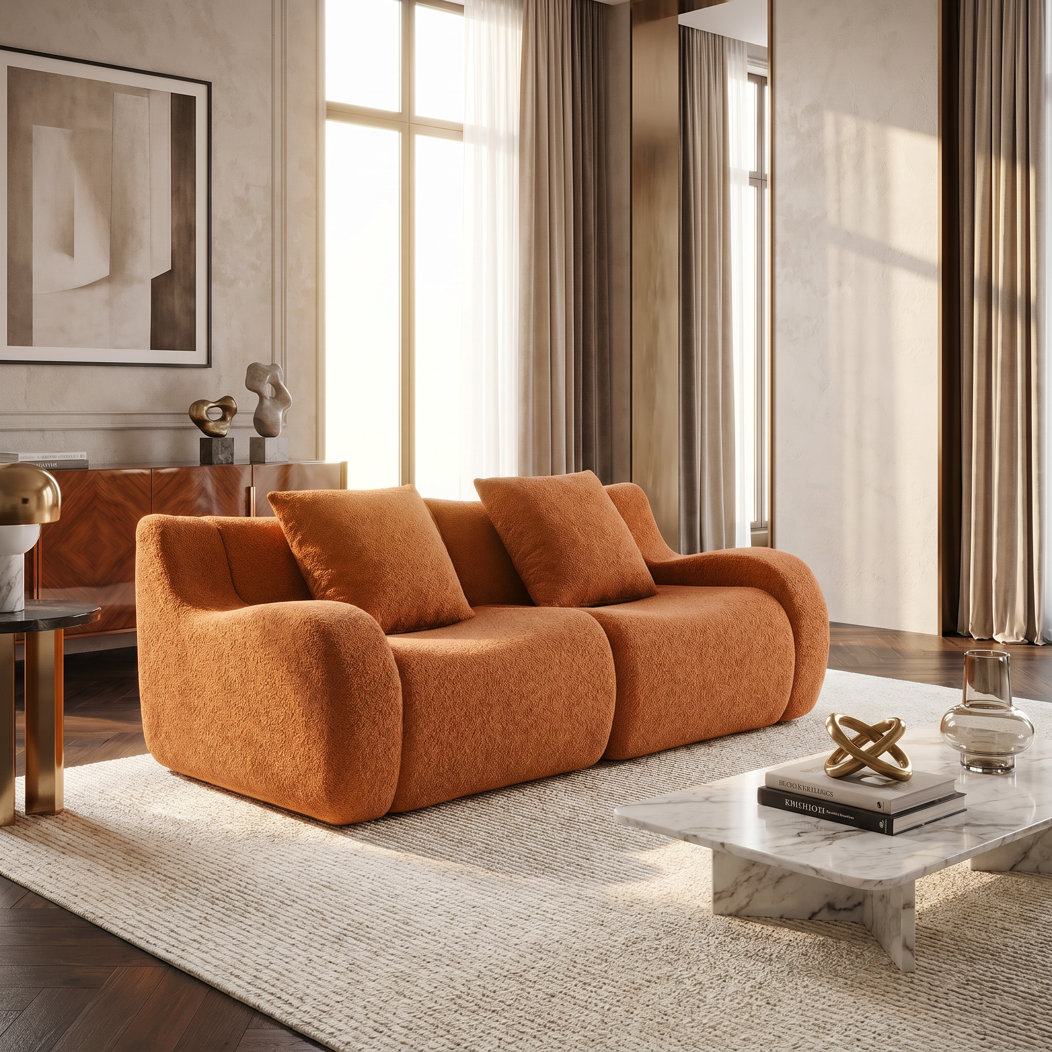 Chico orange loveseat sofa showing cozy fireplace living room placement