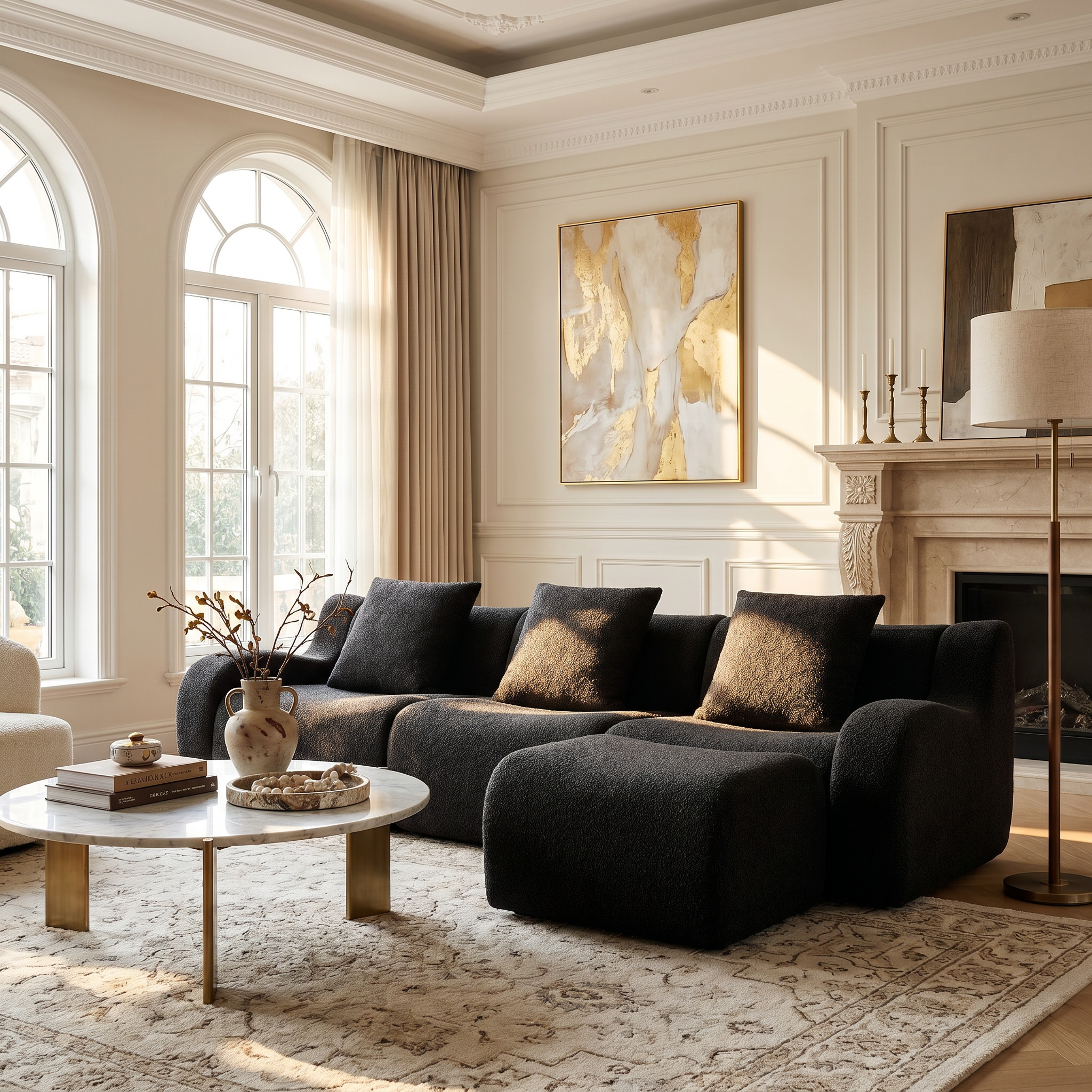 Chico black sectional sofa in elegant living room with round coffee table and classic wall decor