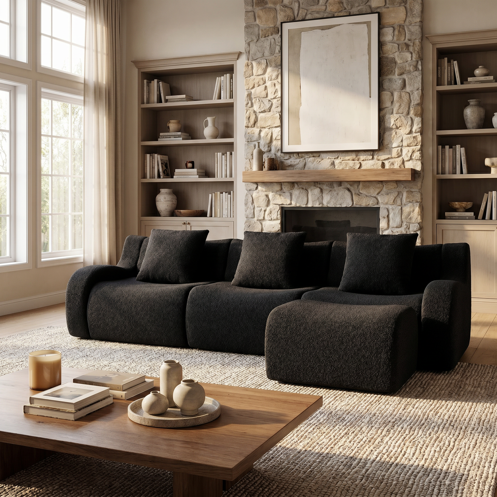Chico black sectional sofa in cozy living room with stone fireplace and wood shelving
