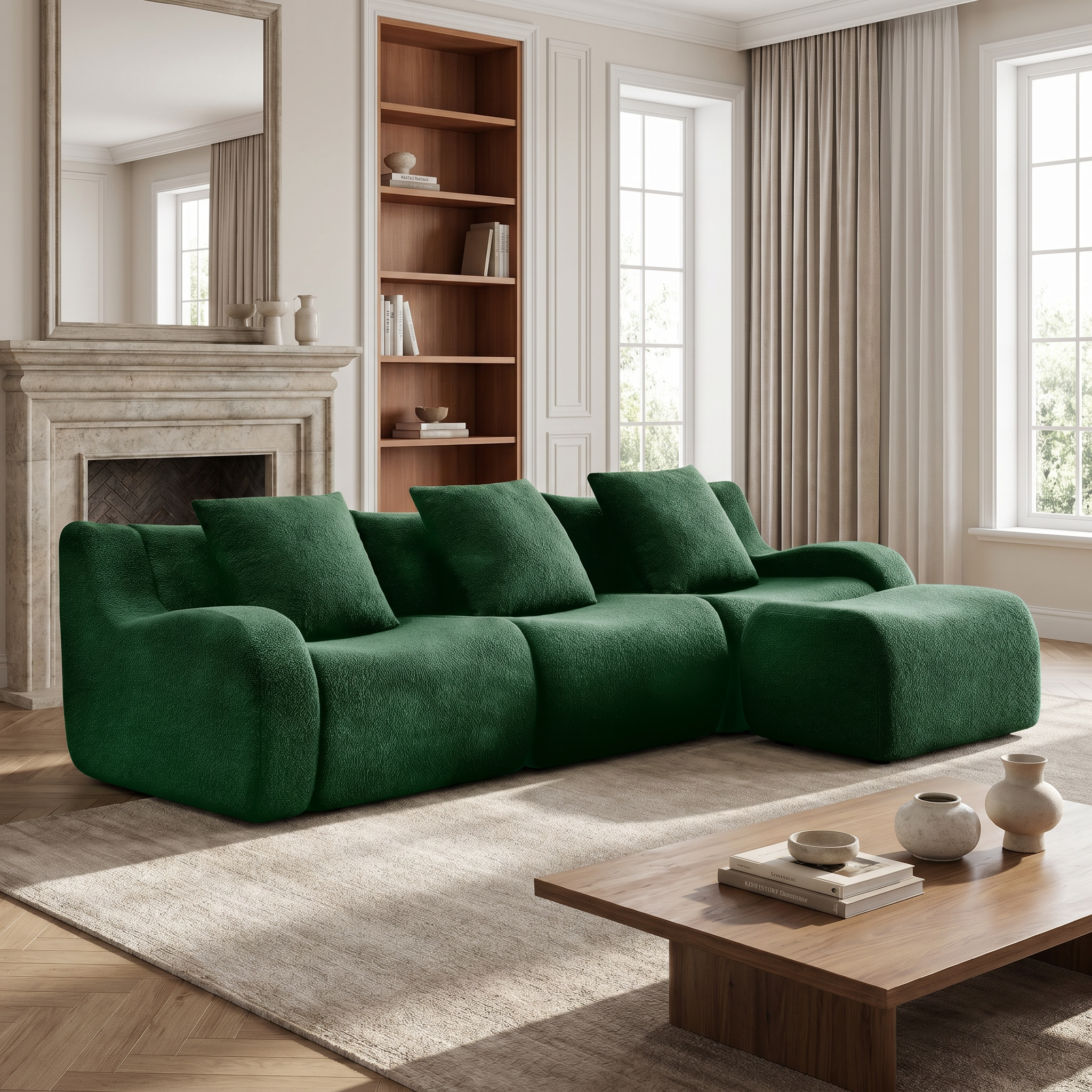 Chico green sectional sofa in elegant living room with fireplace and wood coffee table