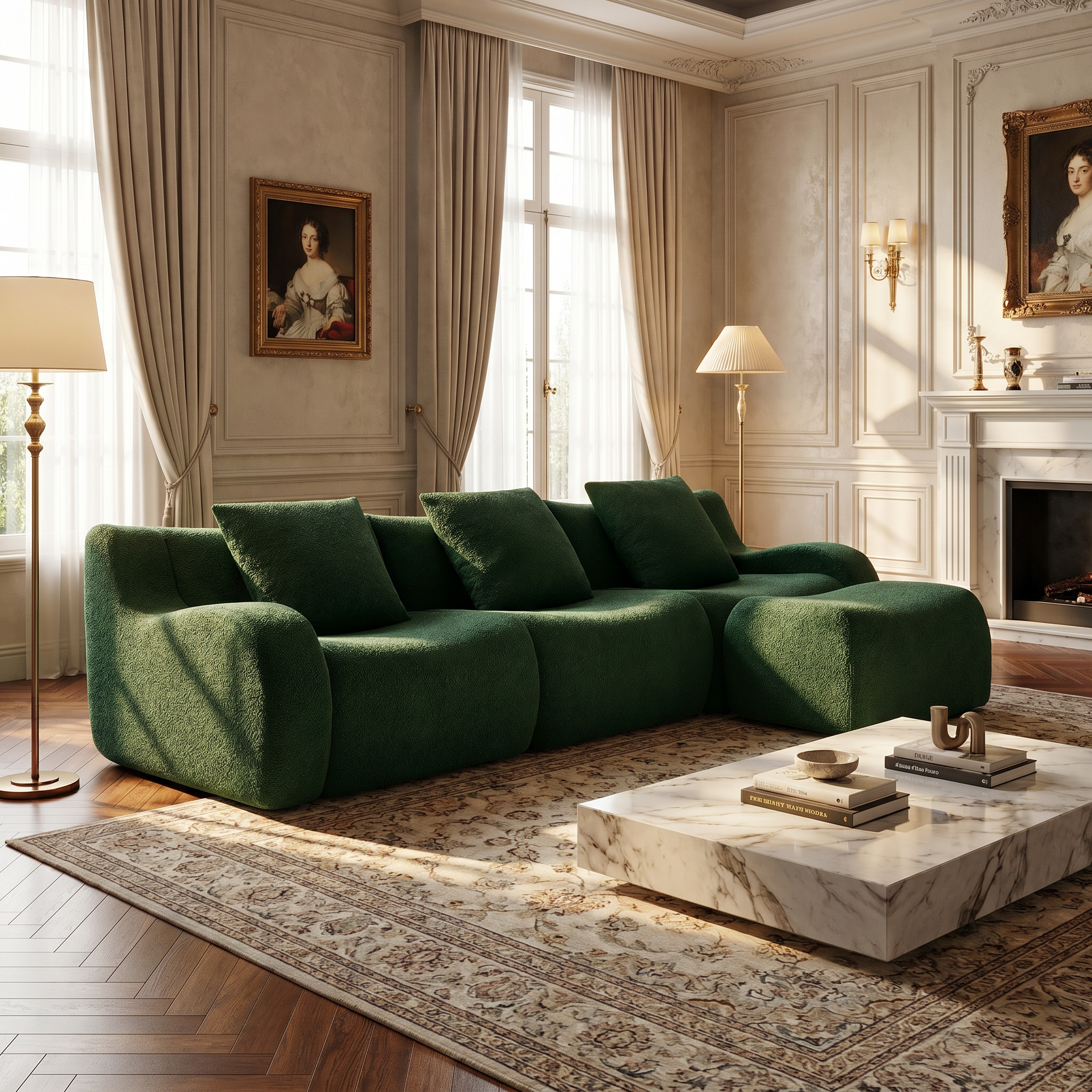 Chico green sectional sofa in classic living room with marble coffee table and warm lighting