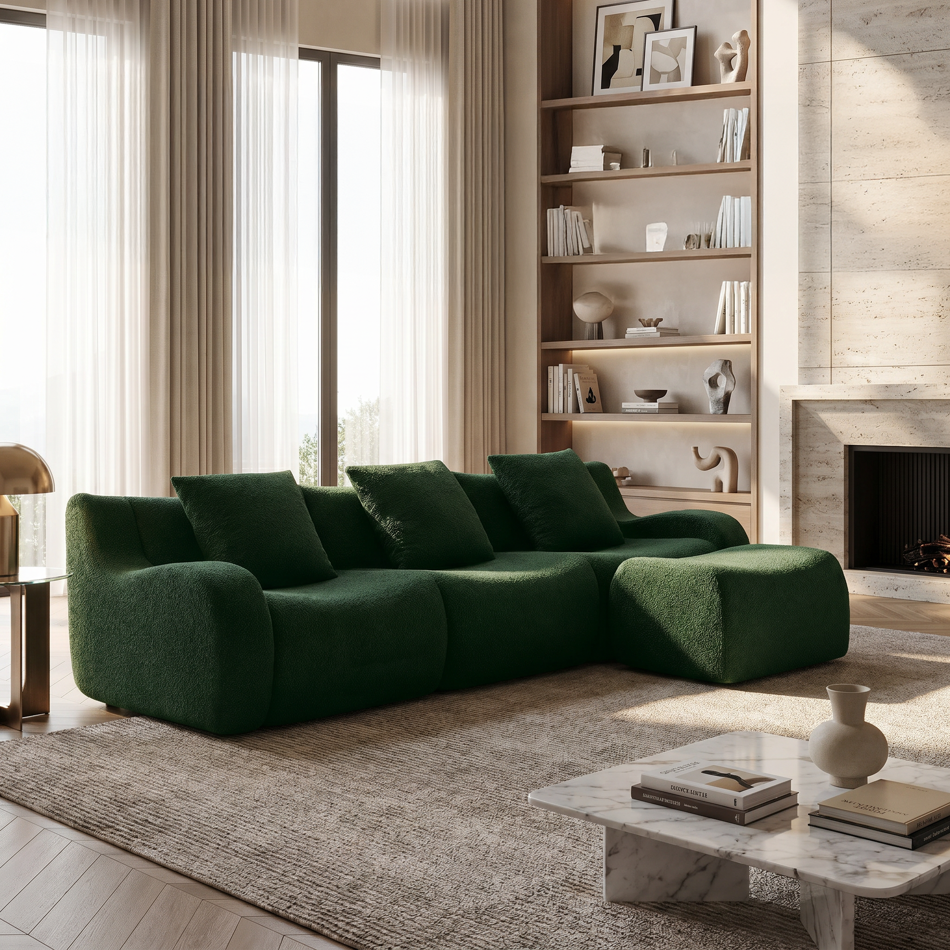 Chico green sectional sofa in modern living room with built-in shelves and large windows