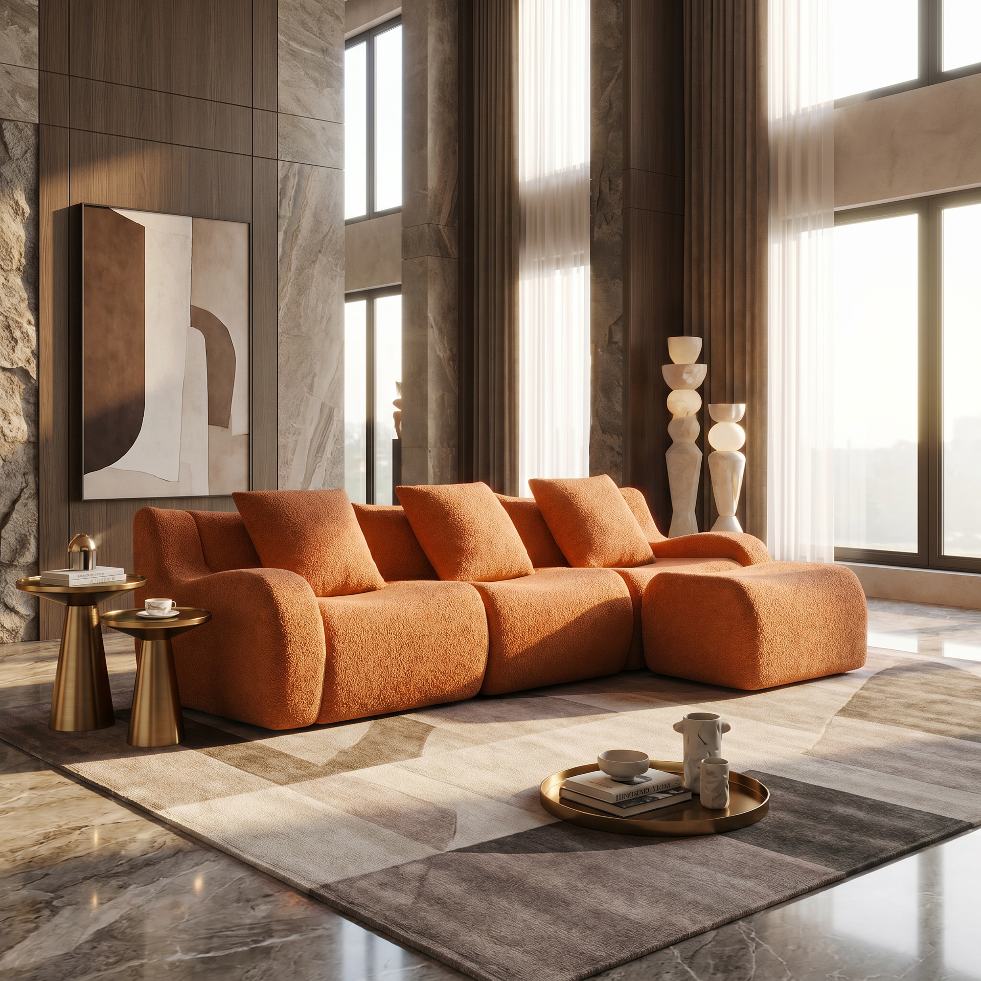 hico orange sectional sofa in modern living room with tall windows and marble coffee table