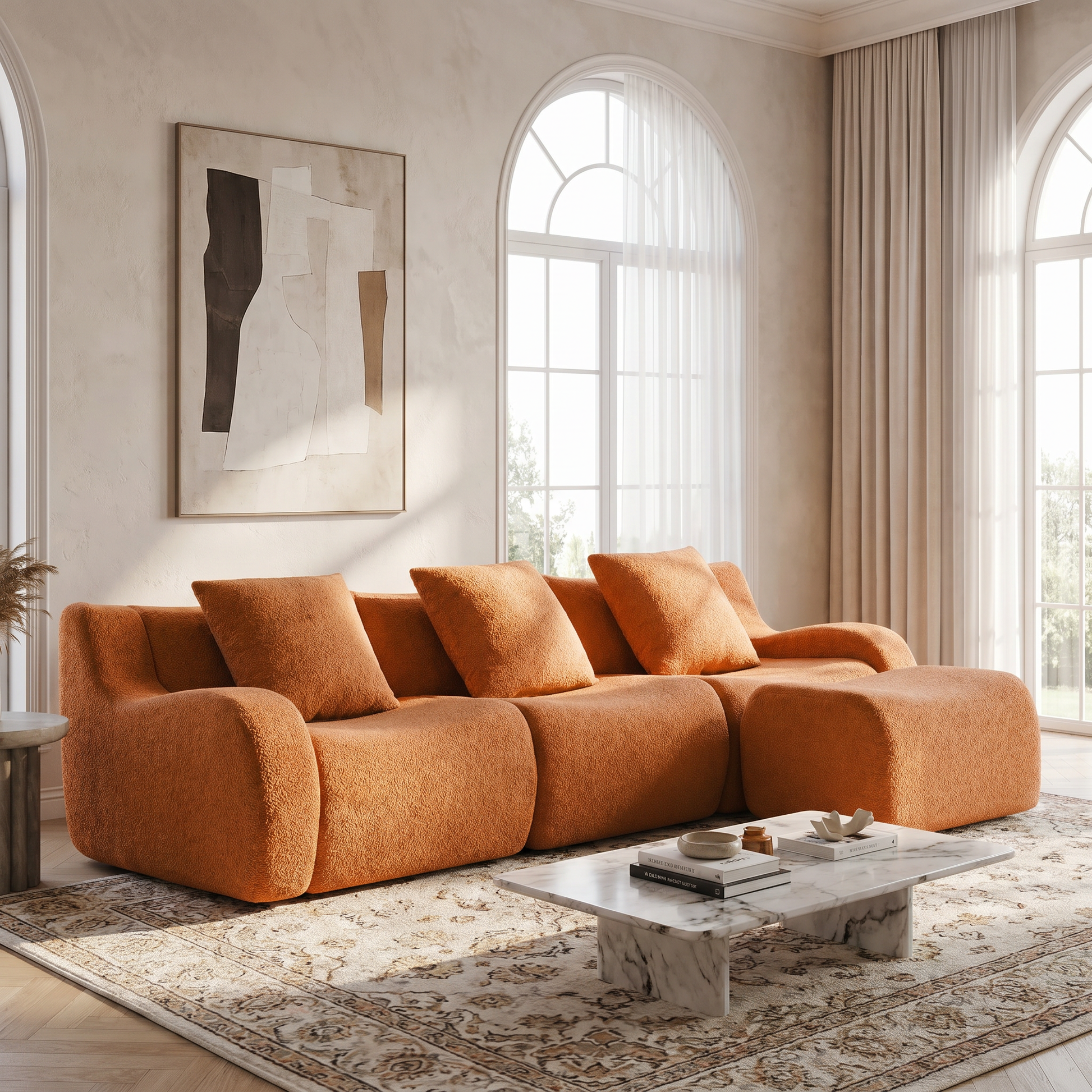 Chico orange sectional sofa in elegant living room with arched windows and neutral decor