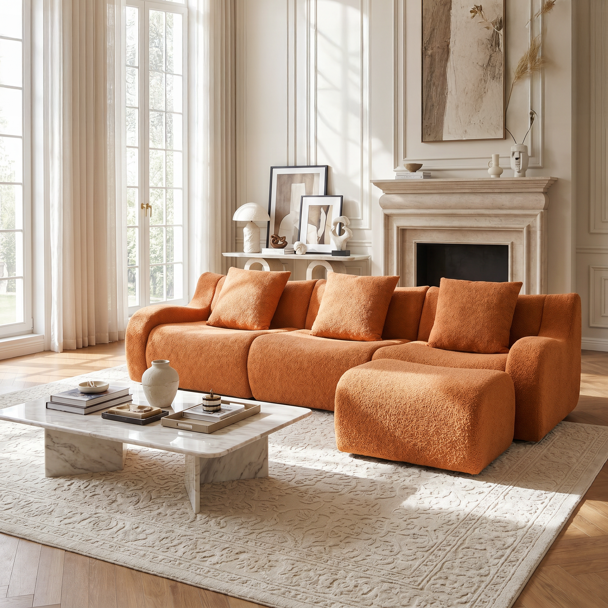 Chico orange sectional sofa in bright living room with fireplace and marble coffee table