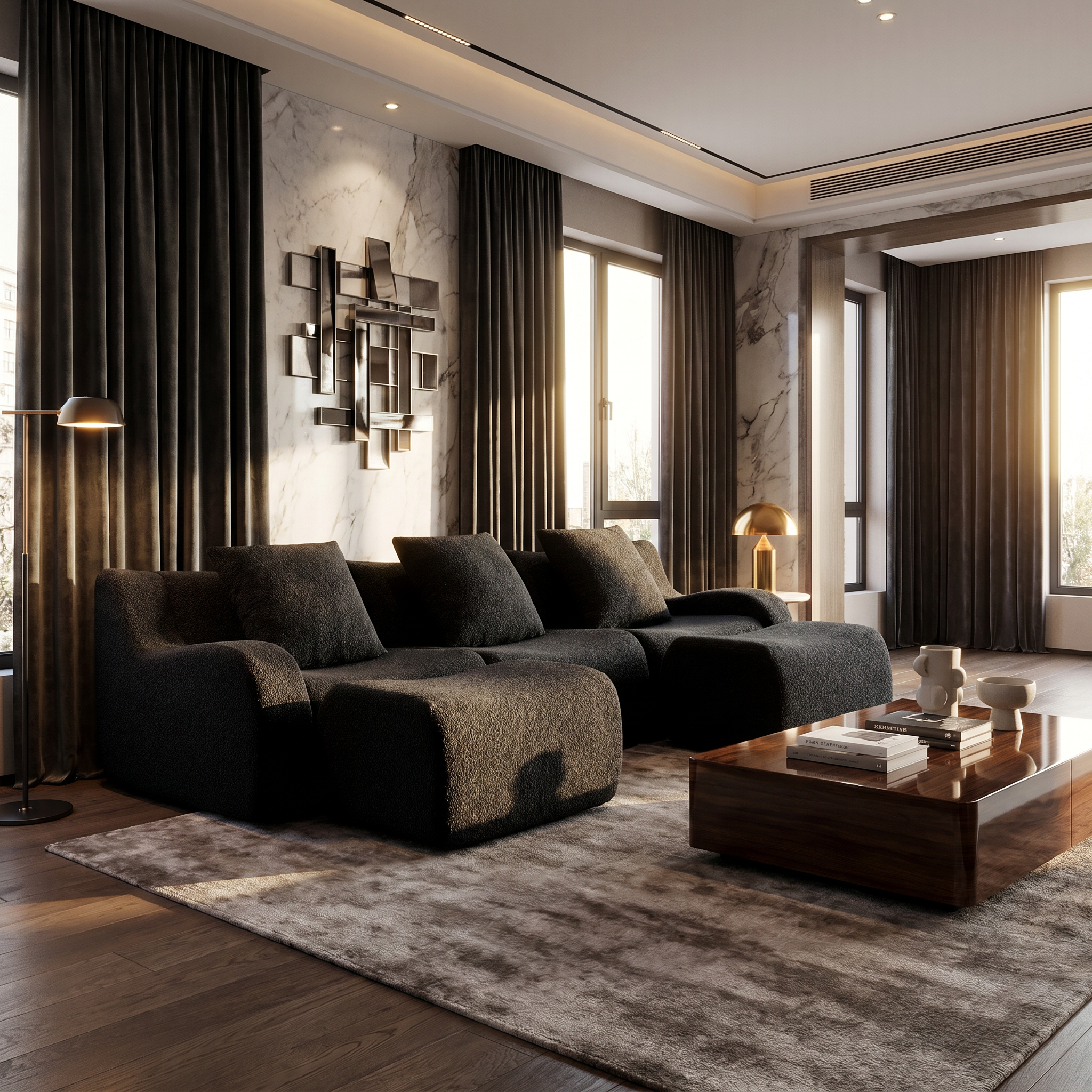 Chico black U-shaped sectional sofa in modern living room with dark curtains and wood coffee table