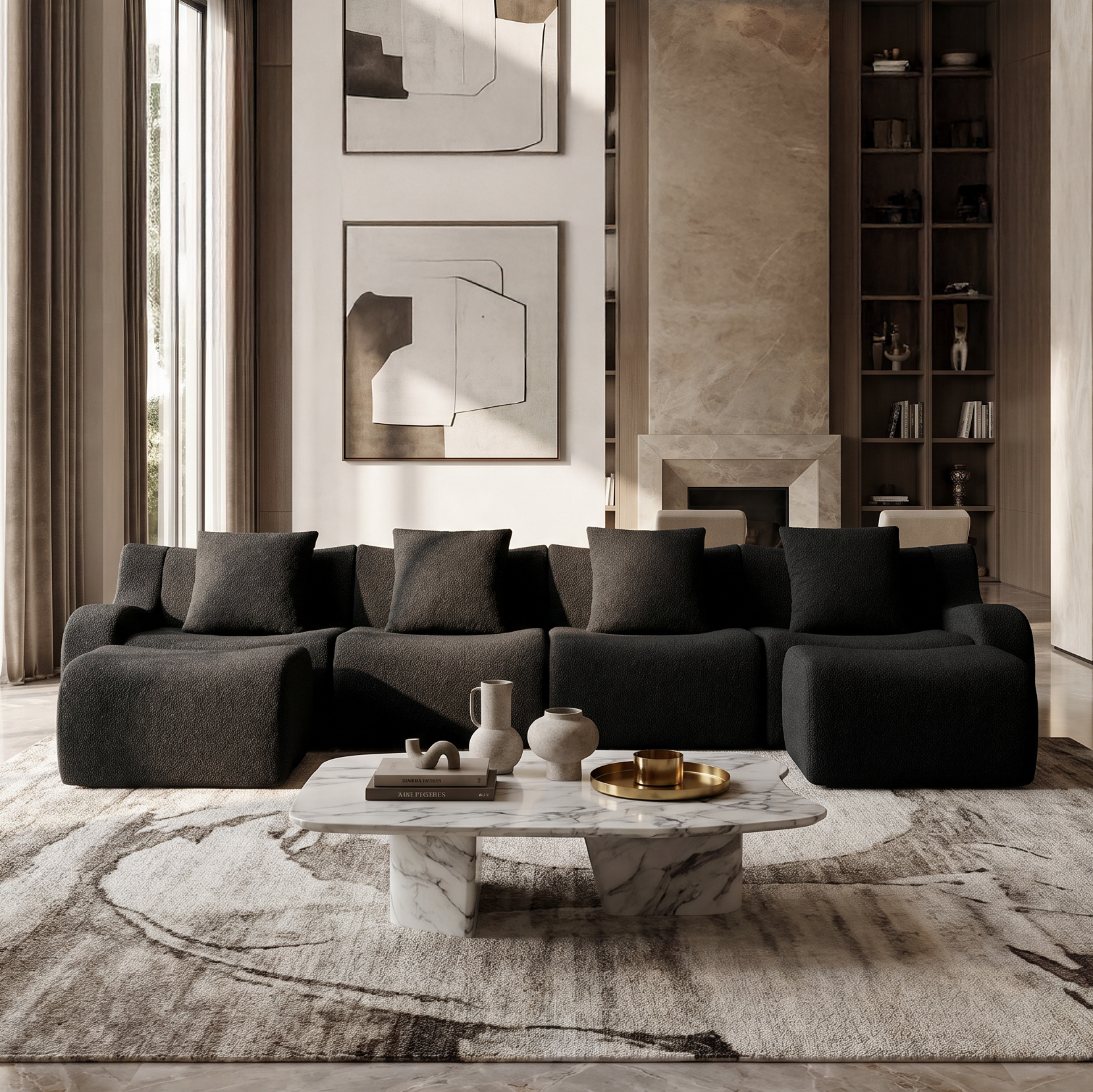 Chico black teddy fabric modular U-shaped sectional sofa with ottomans in modern luxury living room