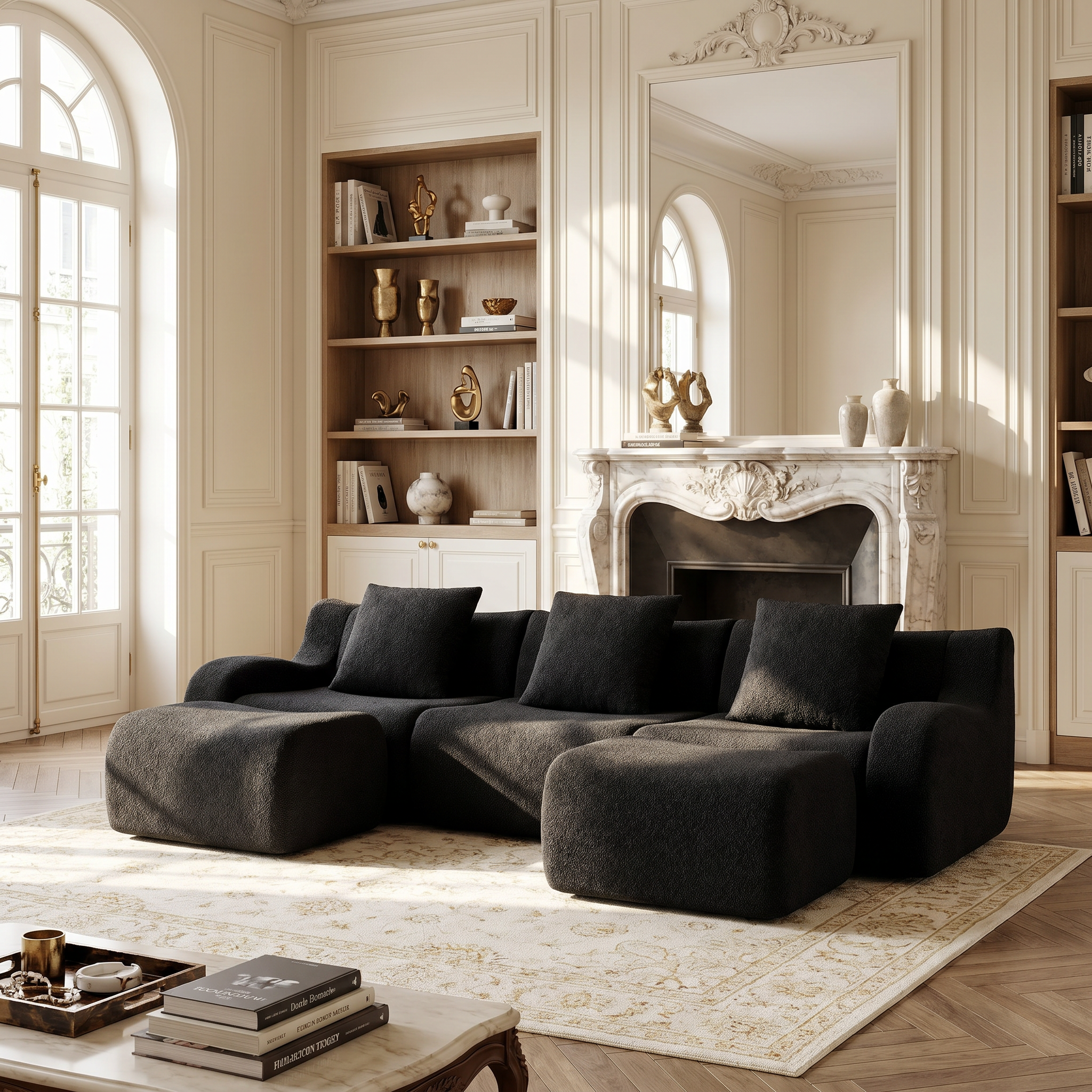 Chico black U-shaped sectional sofa in elegant living room with fireplace and built-in shelves