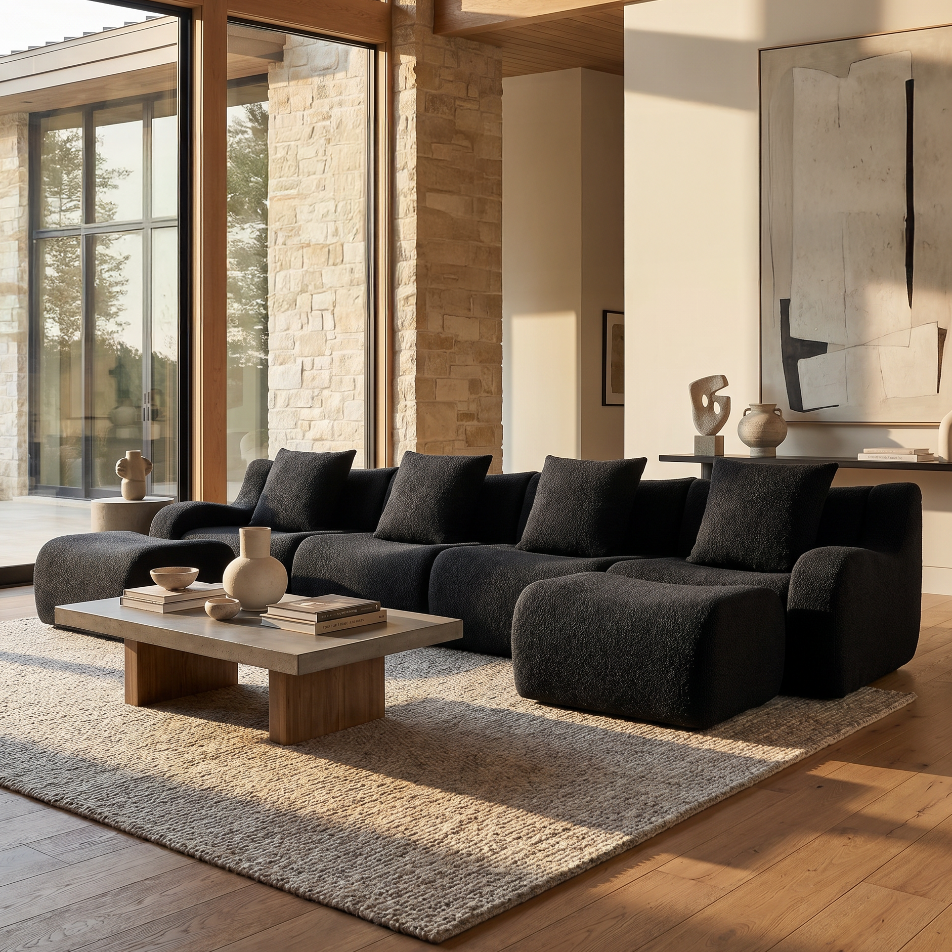 Chico black teddy fabric modular U-shaped sectional sofa with ottomans in contemporary open living room