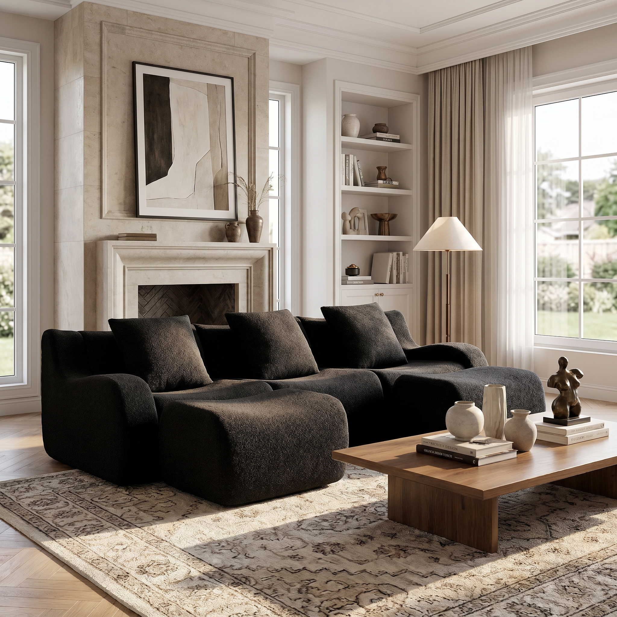 Chico black U-shaped sectional sofa in bright living room with fireplace and neutral decor