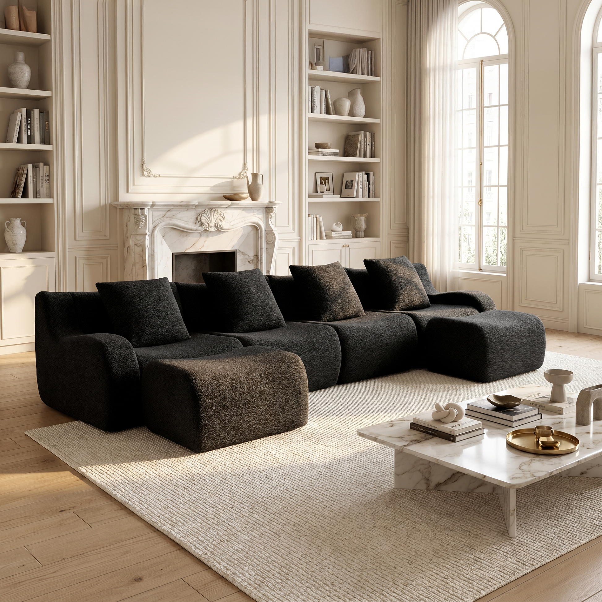 Chico black teddy fabric modular U-shaped sectional sofa with ottomans in elegant living room with fireplace