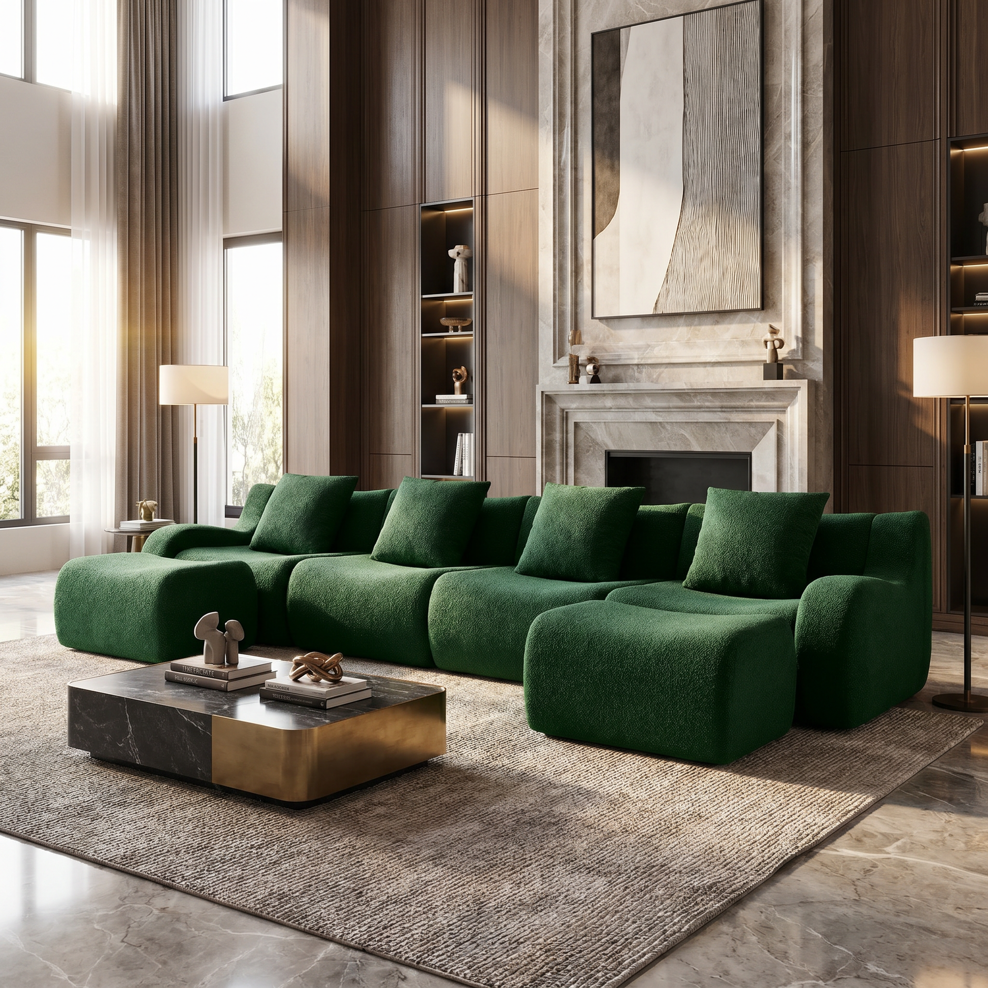 Chico green teddy fabric modular U-shaped sectional sofa with ottomans in modern luxury living room
