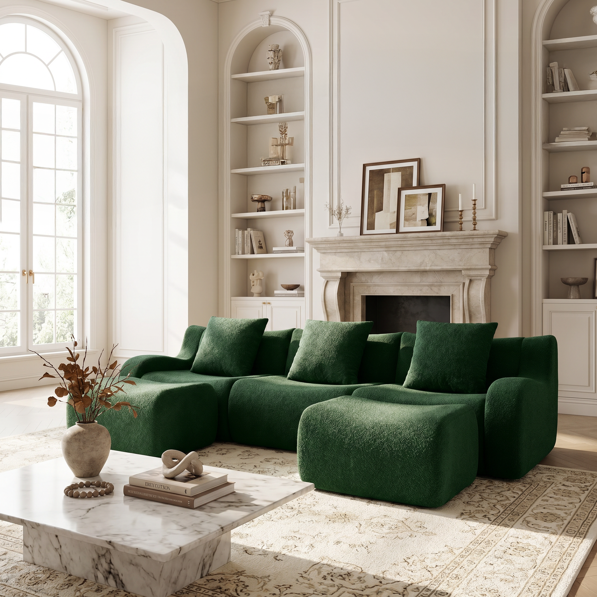 Chico green U-shaped sectional sofa in elegant living room with marble coffee table and arched shelves