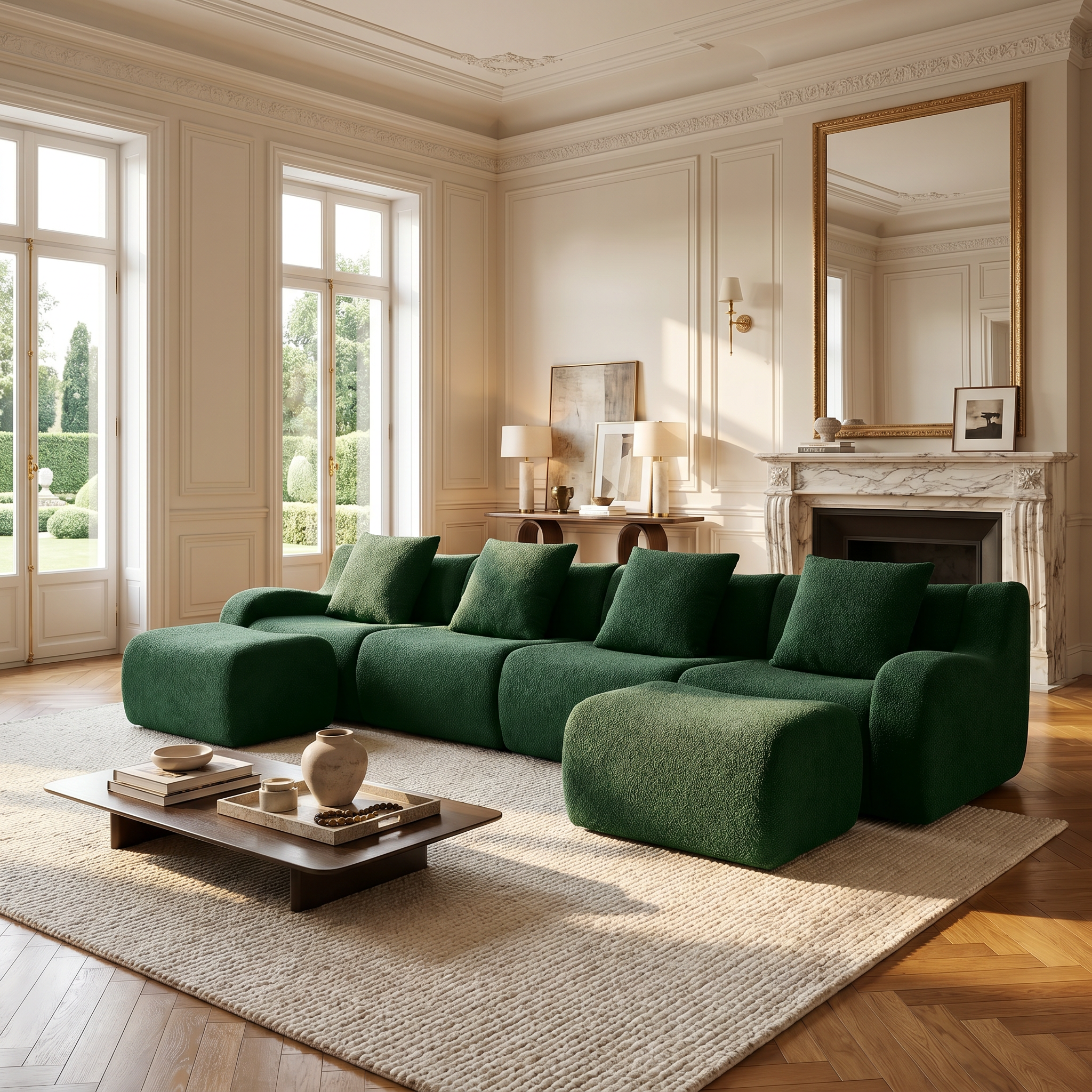 Chico green teddy fabric modular U-shaped sectional sofa with ottomans in elegant living room with fireplace