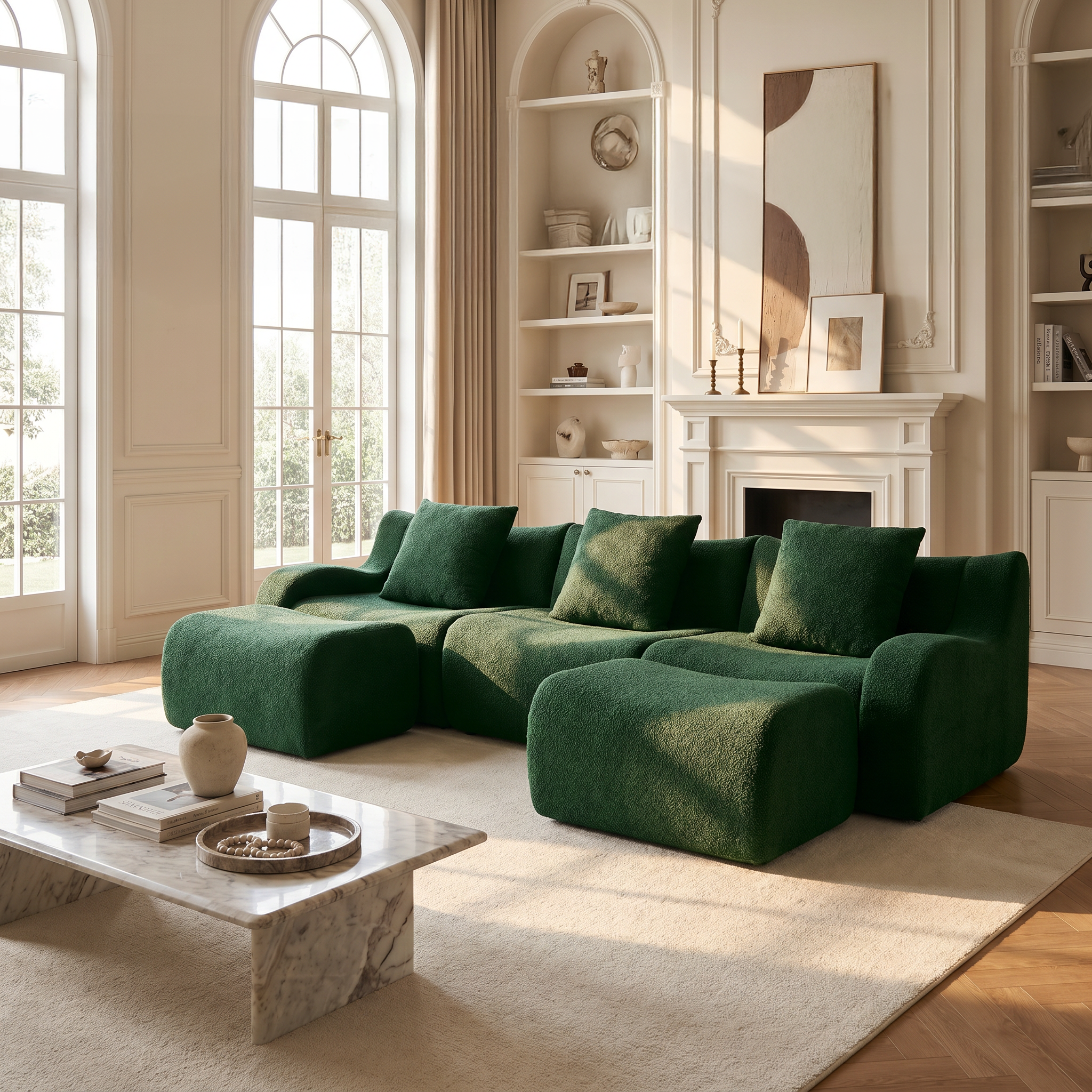 Chico green U-shaped sectional sofa in bright living room with fireplace and neutral decor