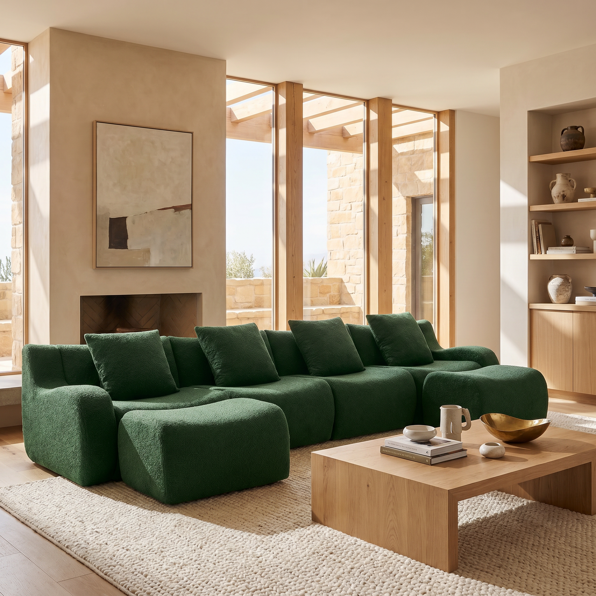 Chico green teddy fabric modular U-shaped sectional sofa with ottomans in bright contemporary living room