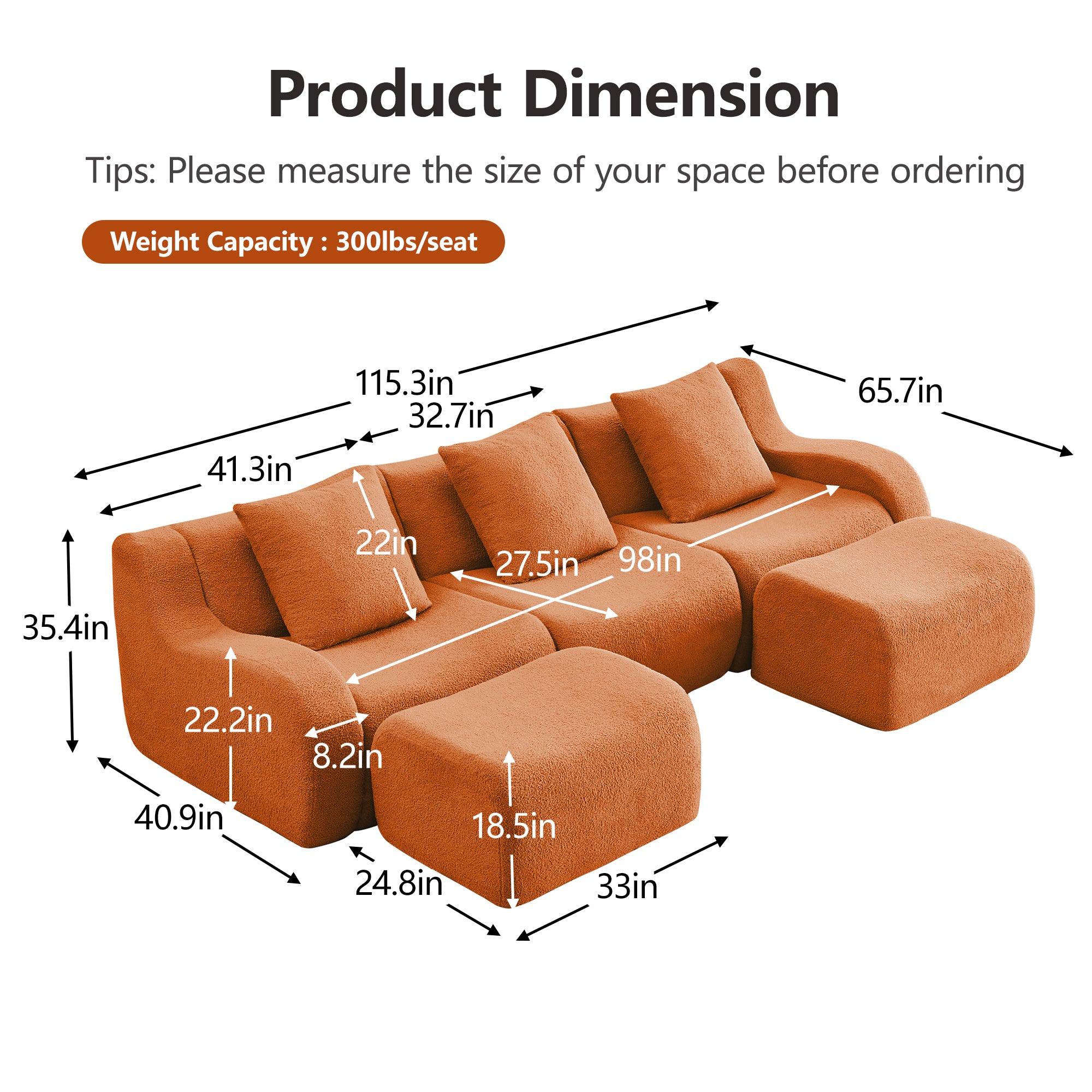 Chico orange U-shaped sectional sofa with ottomans dimension guide and measurements