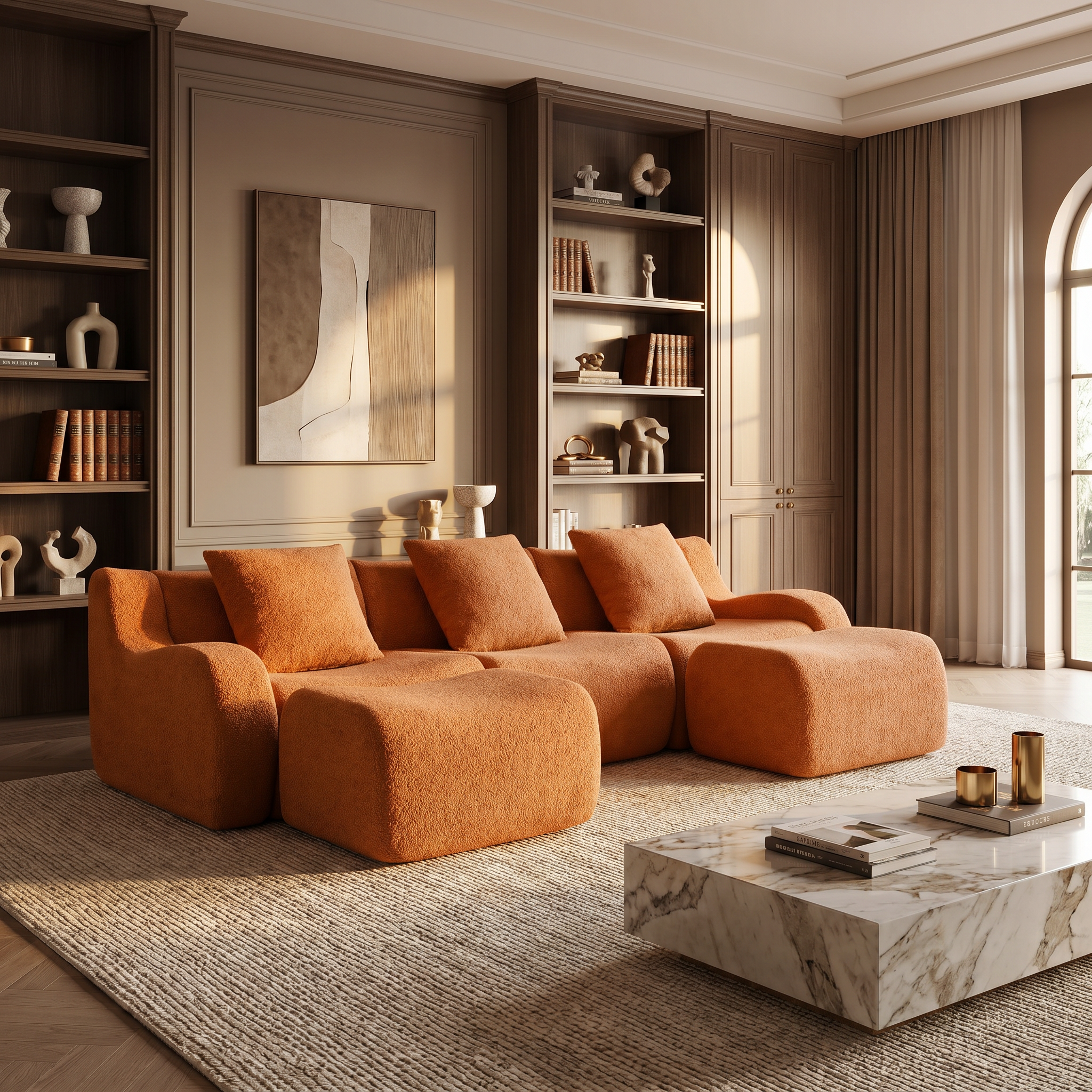 Chico orange U-shaped sectional sofa with ottomans in modern living room with marble coffee table