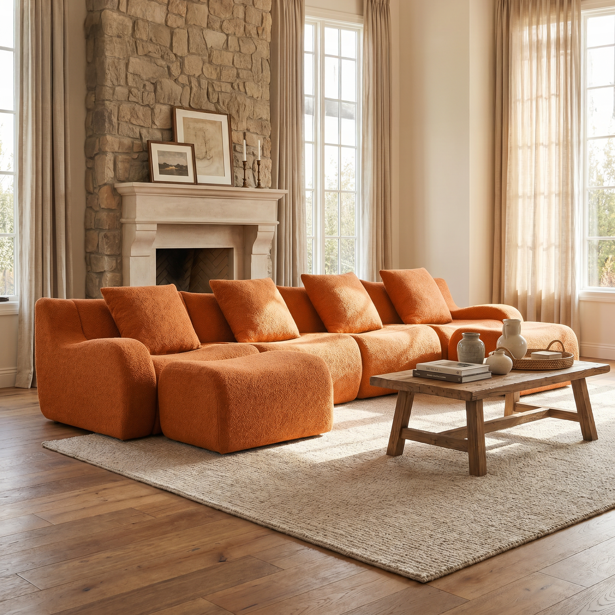 Chico orange teddy fabric modular U-shaped sectional sofa with ottomans in cozy living room with stone fireplace
