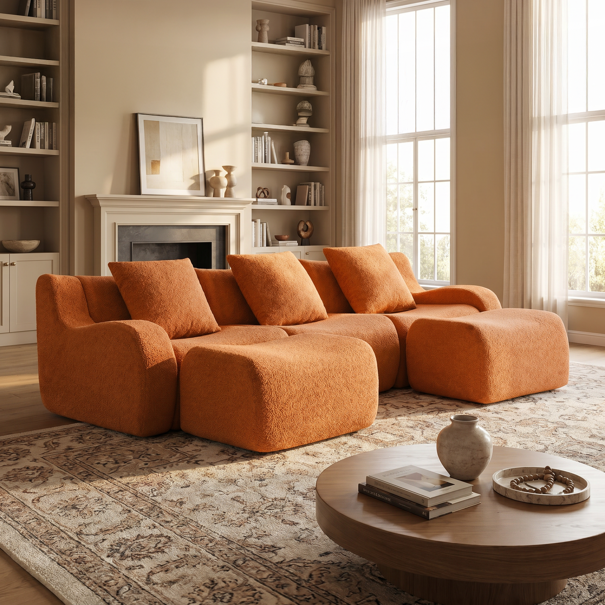 Chico orange U-shaped sectional sofa with ottomans in cozy living room with fireplace and shelves