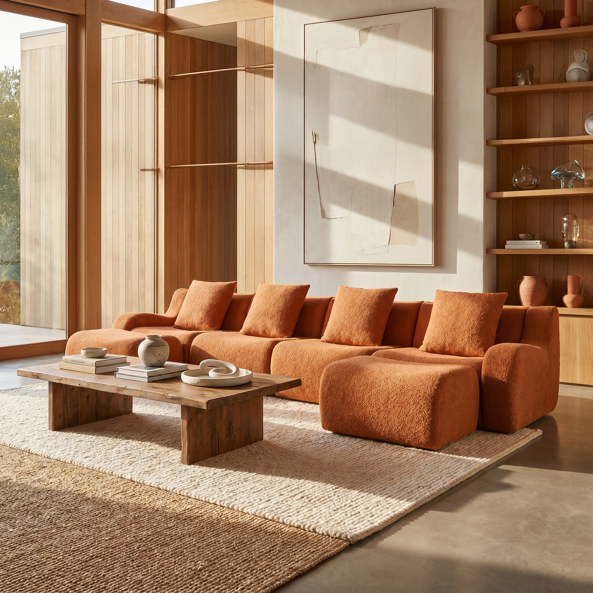 Chico orange teddy fabric modular U-shaped sectional sofa with ottomans in modern open living room