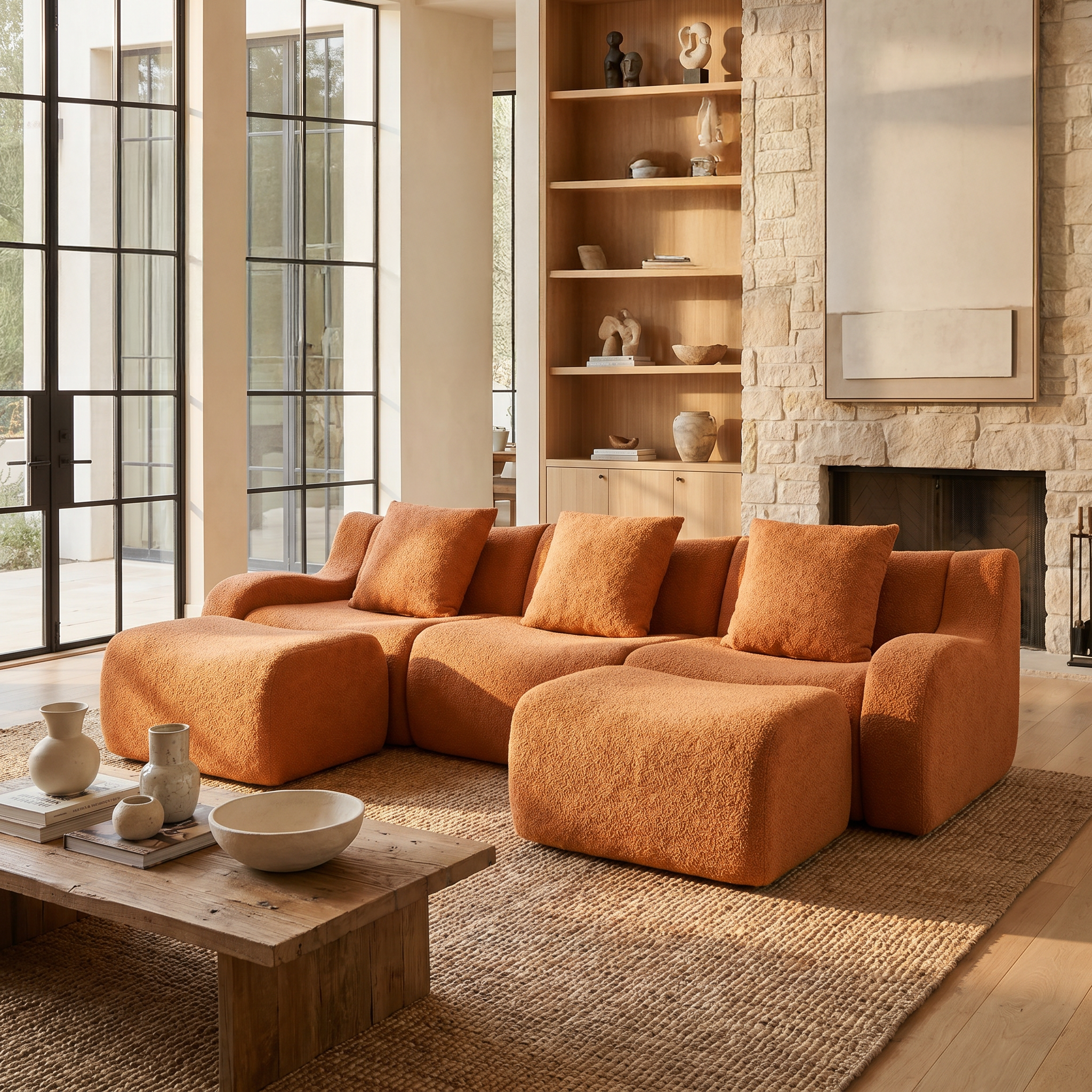 Chico orange U-shaped sectional sofa with ottomans in warm contemporary living room