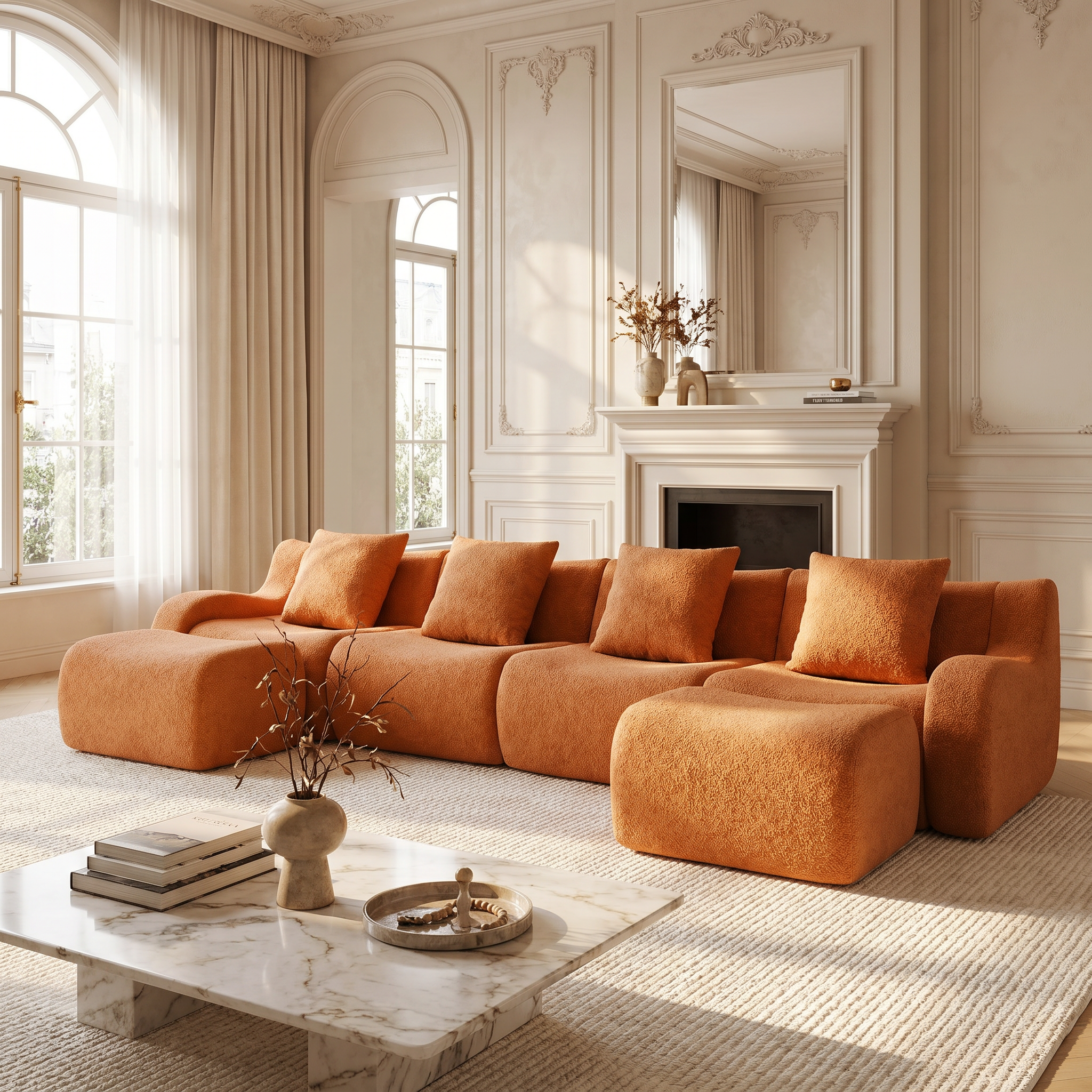 Chico orange teddy fabric modular U-shaped sectional sofa with ottomans in elegant living room with fireplace