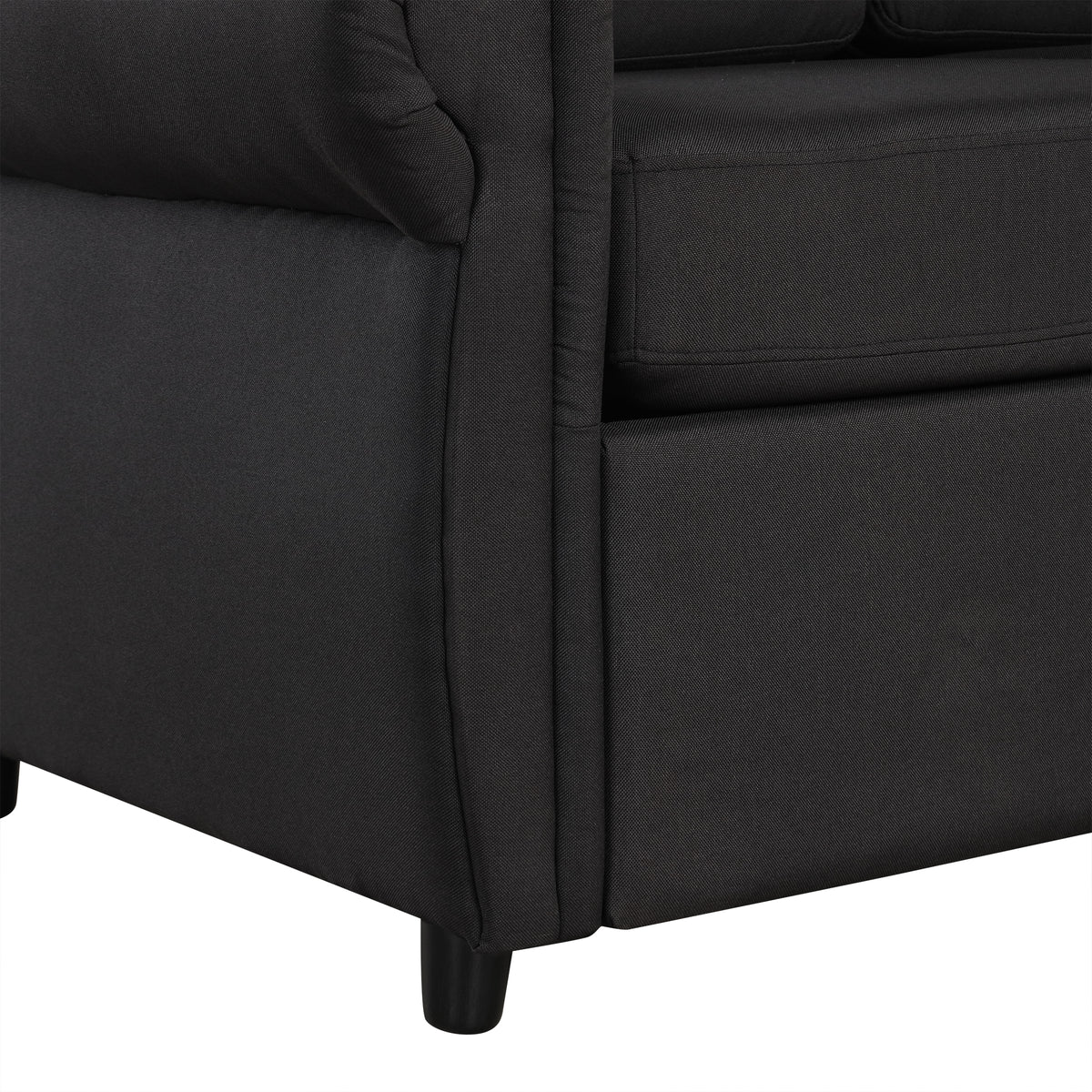 Chula black loveseat sleeper sofa showing padded arm and side upholstery detail
