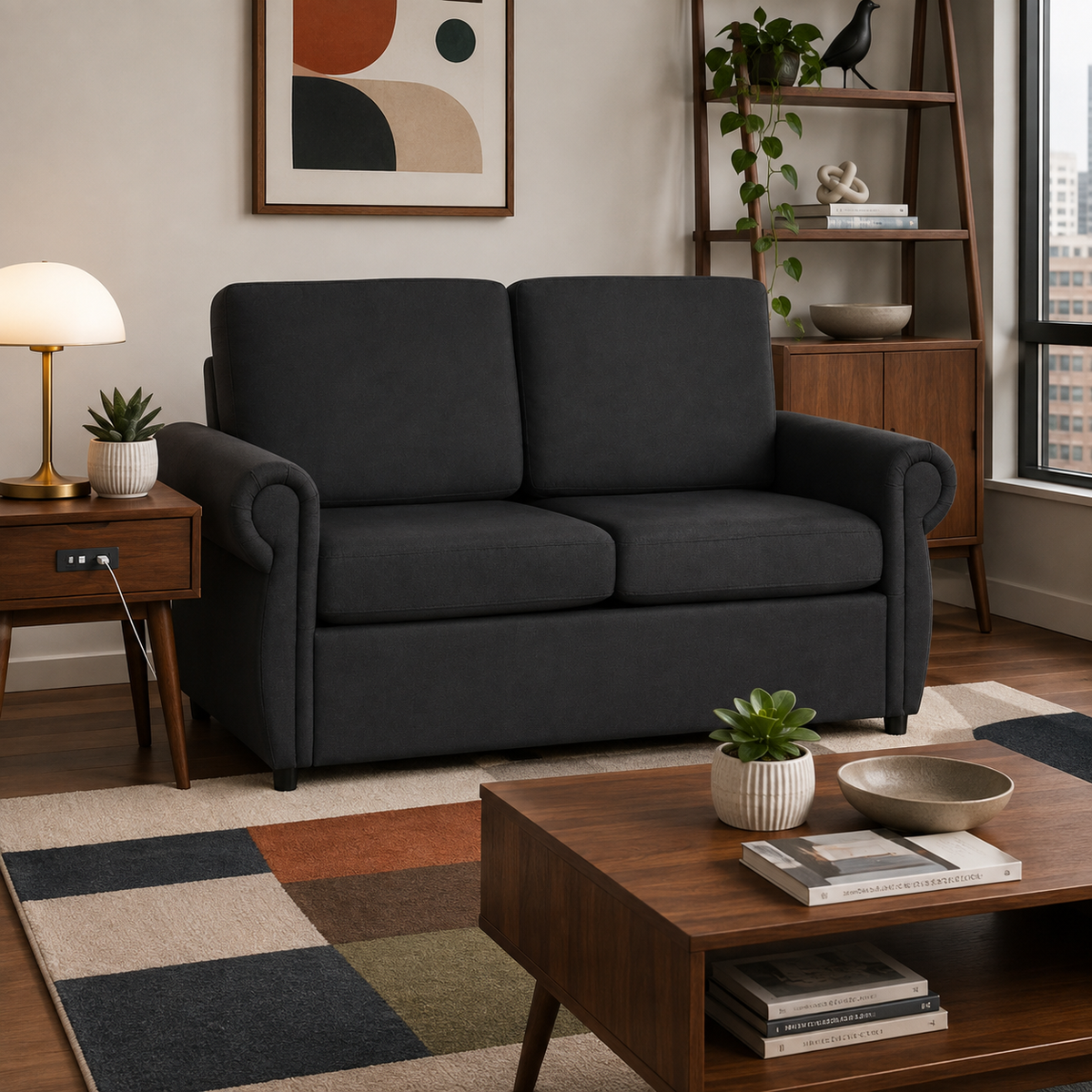 Chula black linen loveseat sleeper sofa styled in a bright living room