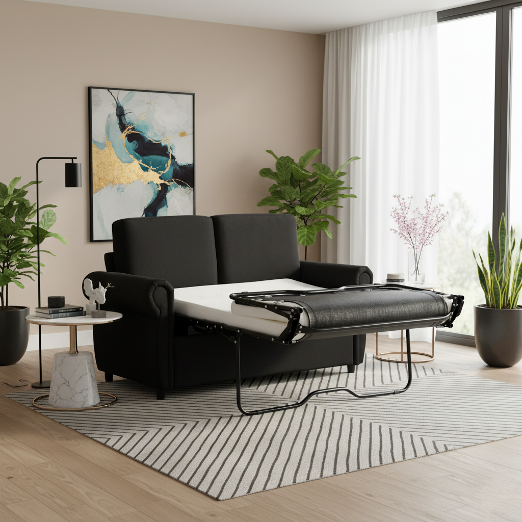 Chula black loveseat sleeper sofa opened into a bed in a dark modern room