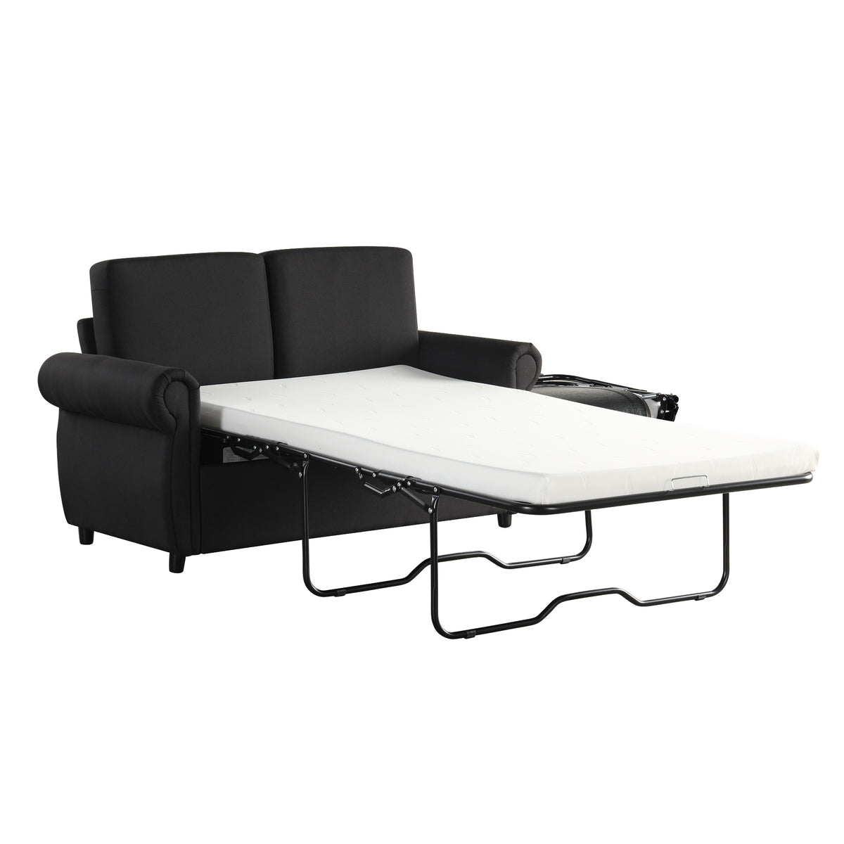 Chula black loveseat sleeper sofa with memory foam mattress extended on white background