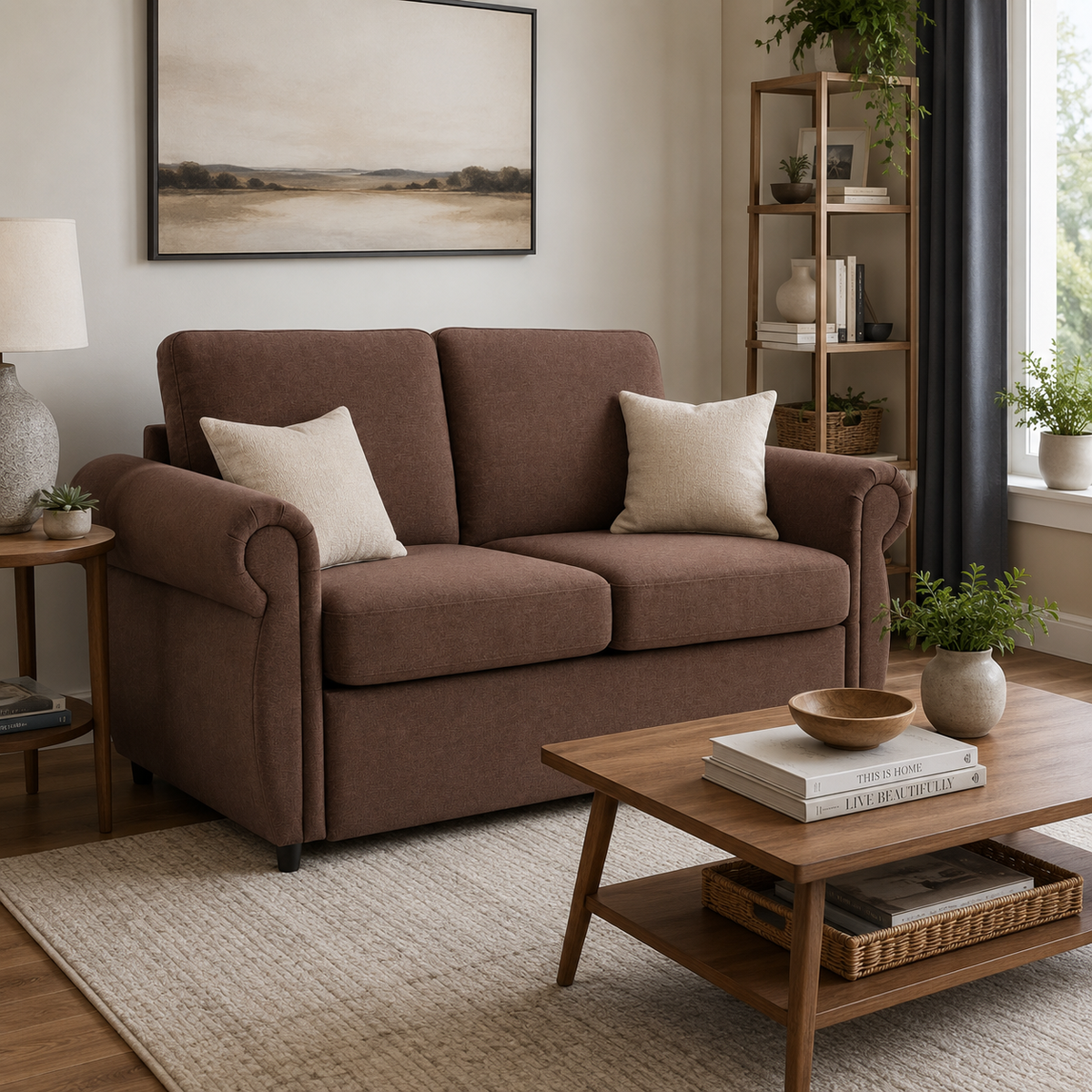 Chula brown linen loveseat sleeper sofa shown from an angled living room view