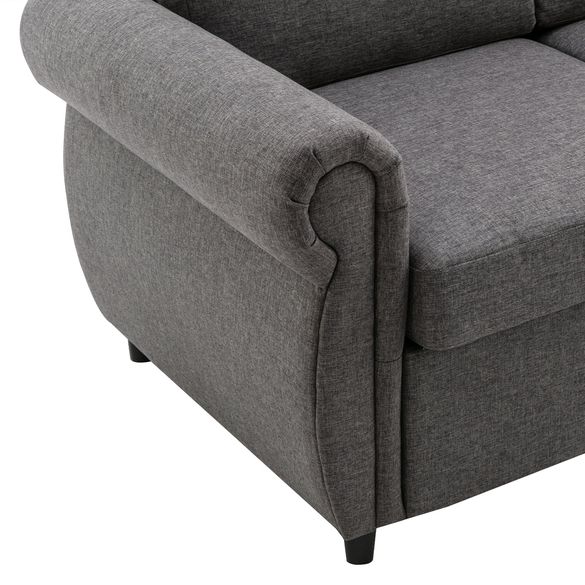 Chula gray loveseat sleeper sofa showing rolled padded arm detail