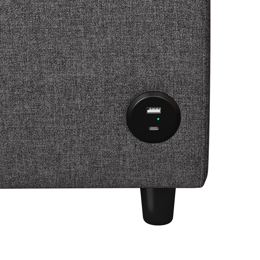Chula gray loveseat sleeper sofa showing built-in USB charging port detail