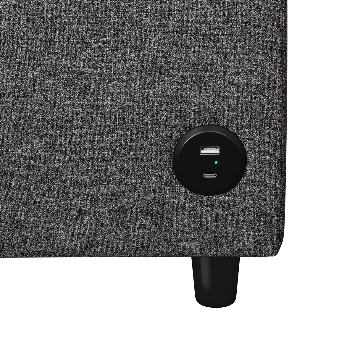 Chula gray loveseat sleeper sofa showing built-in USB charging port detail