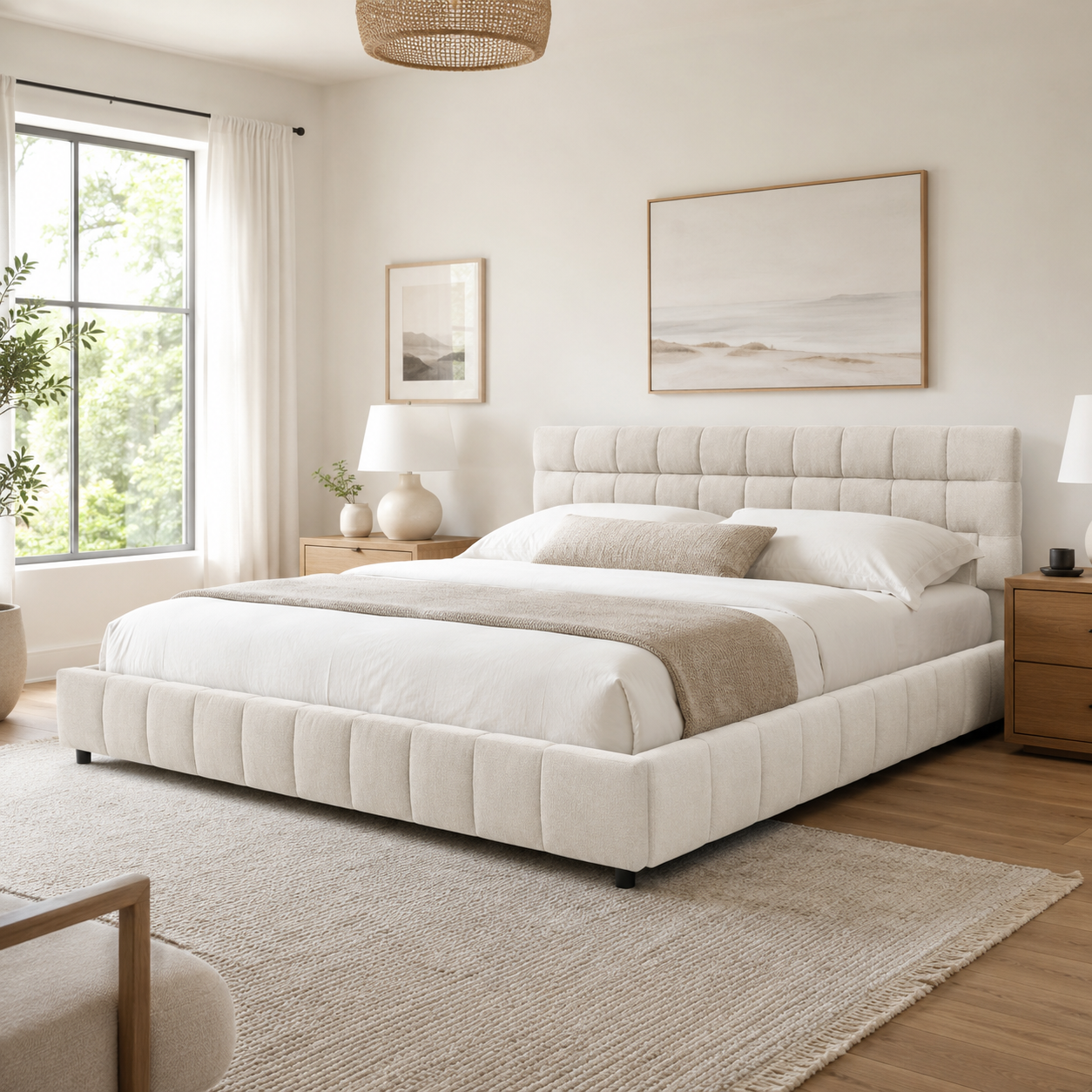 Clara California King Chenille Upholstered Storage Platform Bed with 4 Under-Bed Drawers