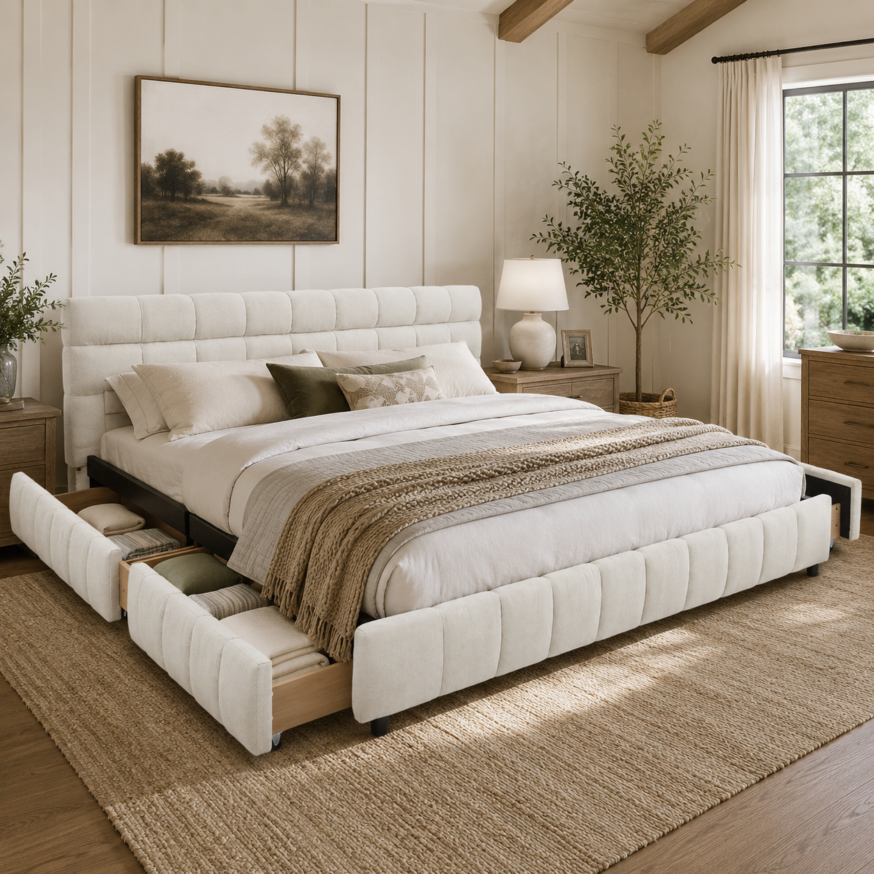 Clara California King Chenille Upholstered Storage Platform Bed with 4 Under-Bed Drawers
